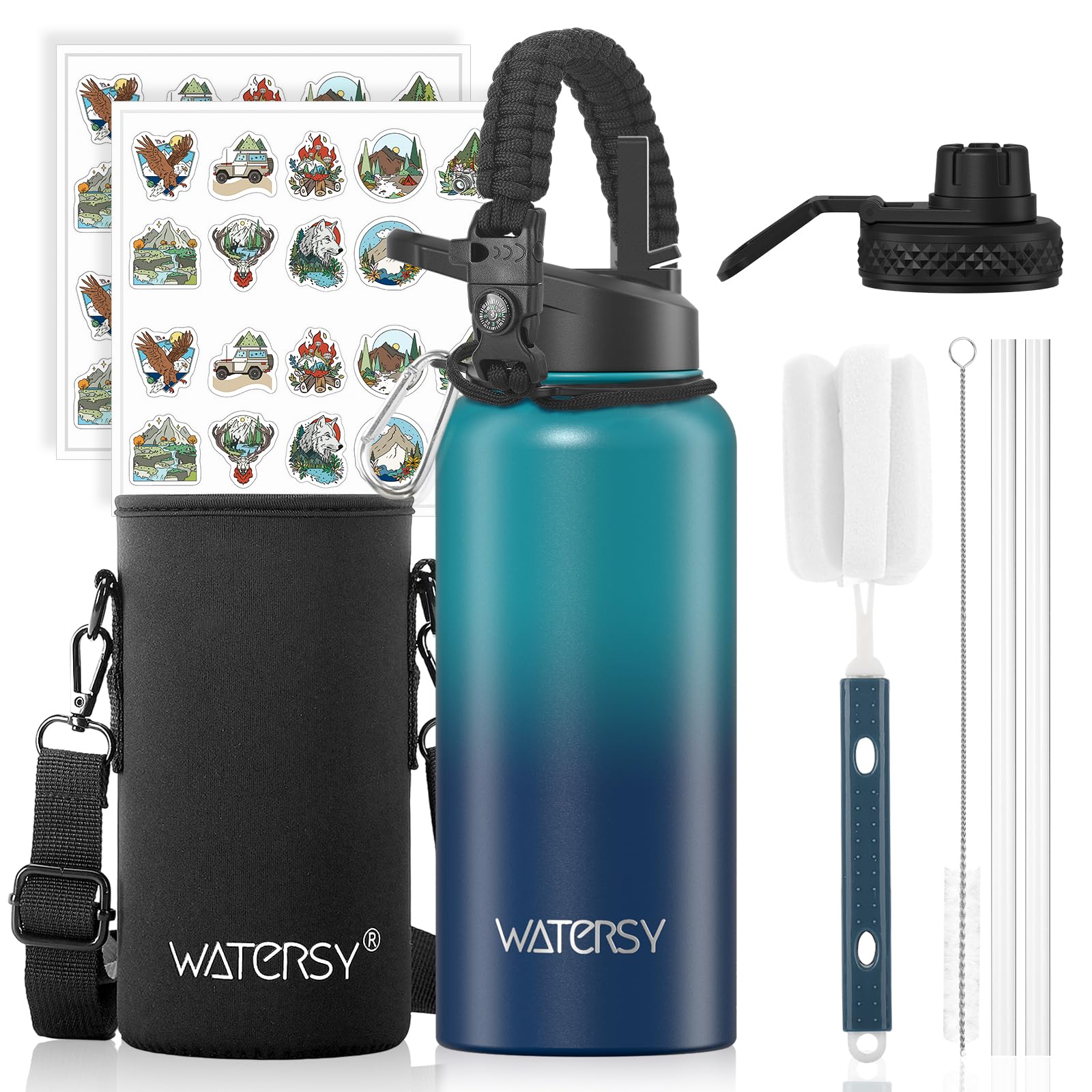 WATERSY Isolierte Edelstahl Trinkflasche 32oz Vakuumisolierte Thermosflasche mit 2 Deckel Auslaufsichere Wasserflasche 946 ml Doppelwand Flasche Metall Sport für Sport, Schule, Fitness