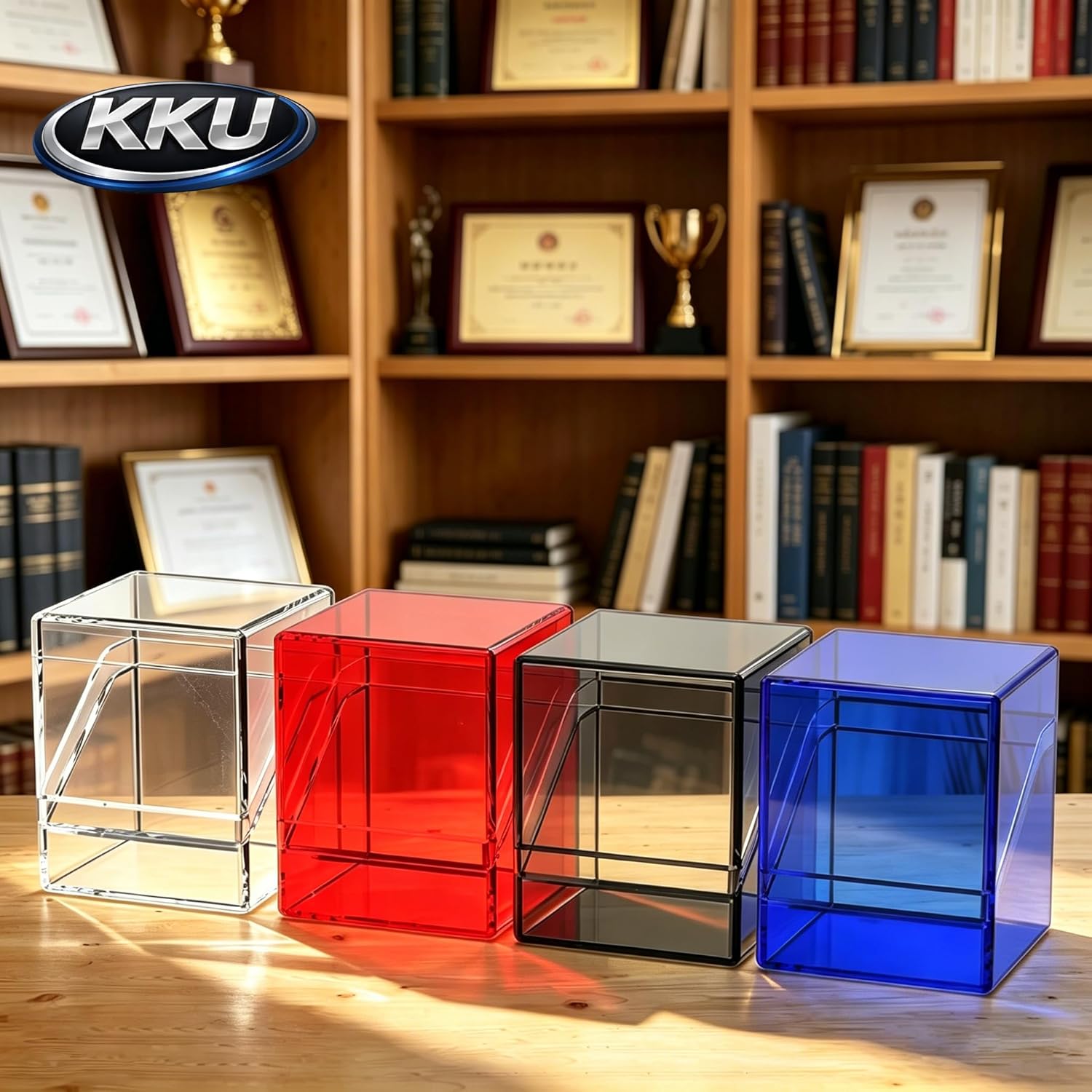 KKU 4 Pack Card Deck Cases, Trading Card Storage Boxes Acrylic Card Holder Cases, Deck Storage Box Hold 400+ Sleeved Cards Fit for Sport Cards (4 Colors)