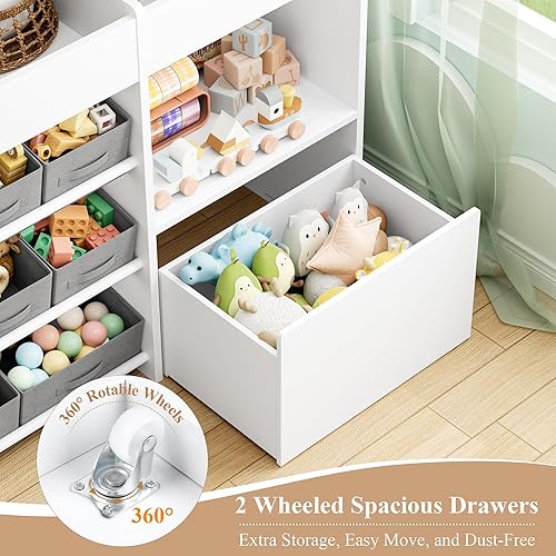 Miniatura 5 de Estantería y almacenamiento de juguetes para niños de 62.2 pulgadas de ancho, organizador de juguetes con 2 cajones móviles y 9 cajas de caja,