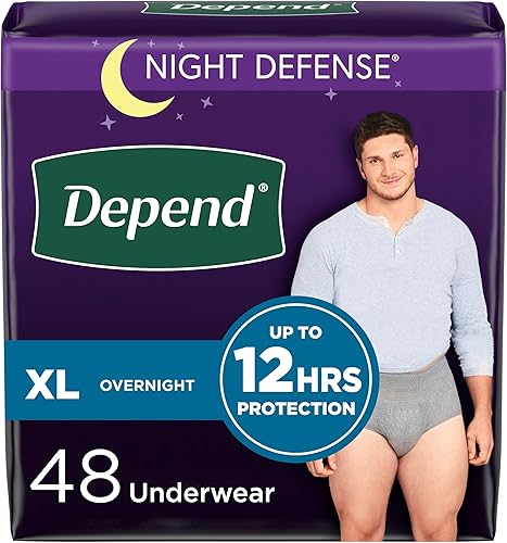 Depend Night Defense - Ropa interior de incontinencia para adultos, desechable, durante la noche, extragrande, gris, 48 unidades (4 paquetes de 12),