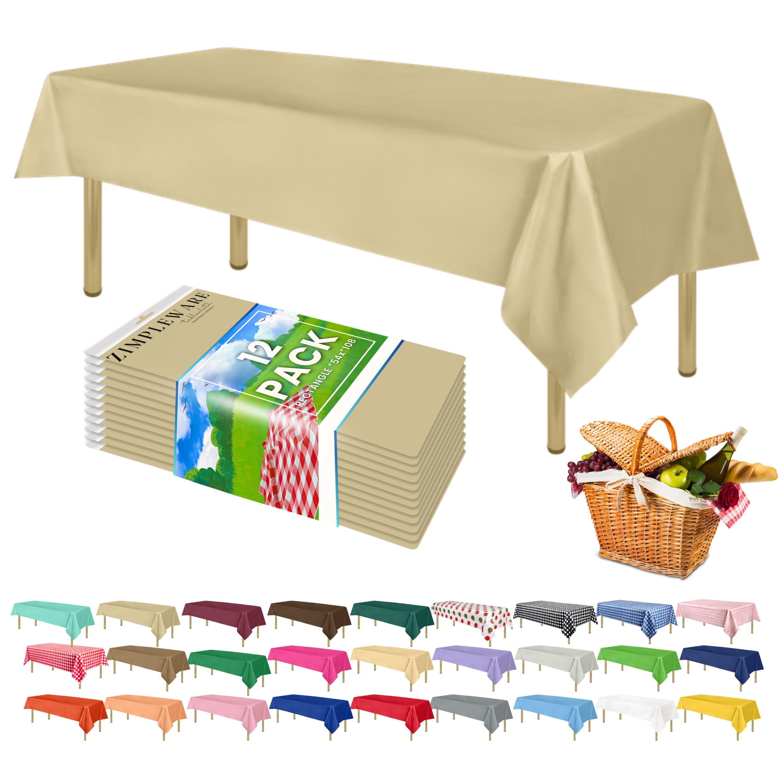ZIMPLEWARE Premium Beige Plastic Table Cloth Disposable (12 Pk) Plastic Tablecloths for Rectangle Tables (54in x 108in) Party Table Cloths Disposable for 6ft to 8ft Rectangle Tables — image 1