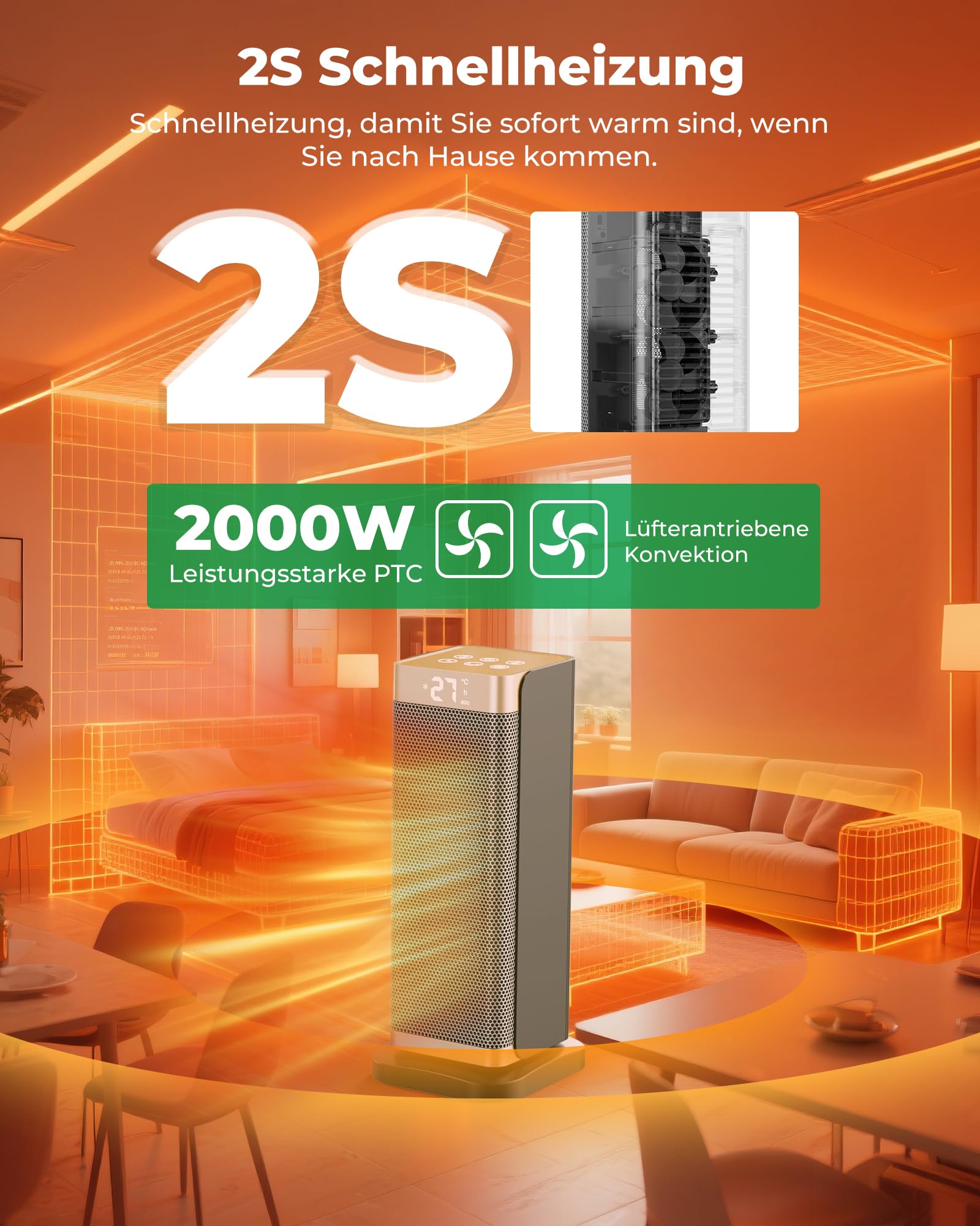 2000W Energiesparend Heizlüfter Leise - 3 Gänge PTC Keramik Schnell Heizung mit ECO Konstante Temperatur, Fernbedienung, 12H Timer, 70°-Schwenkfunktion für Büro, Schlafzimmer, Badezimmer