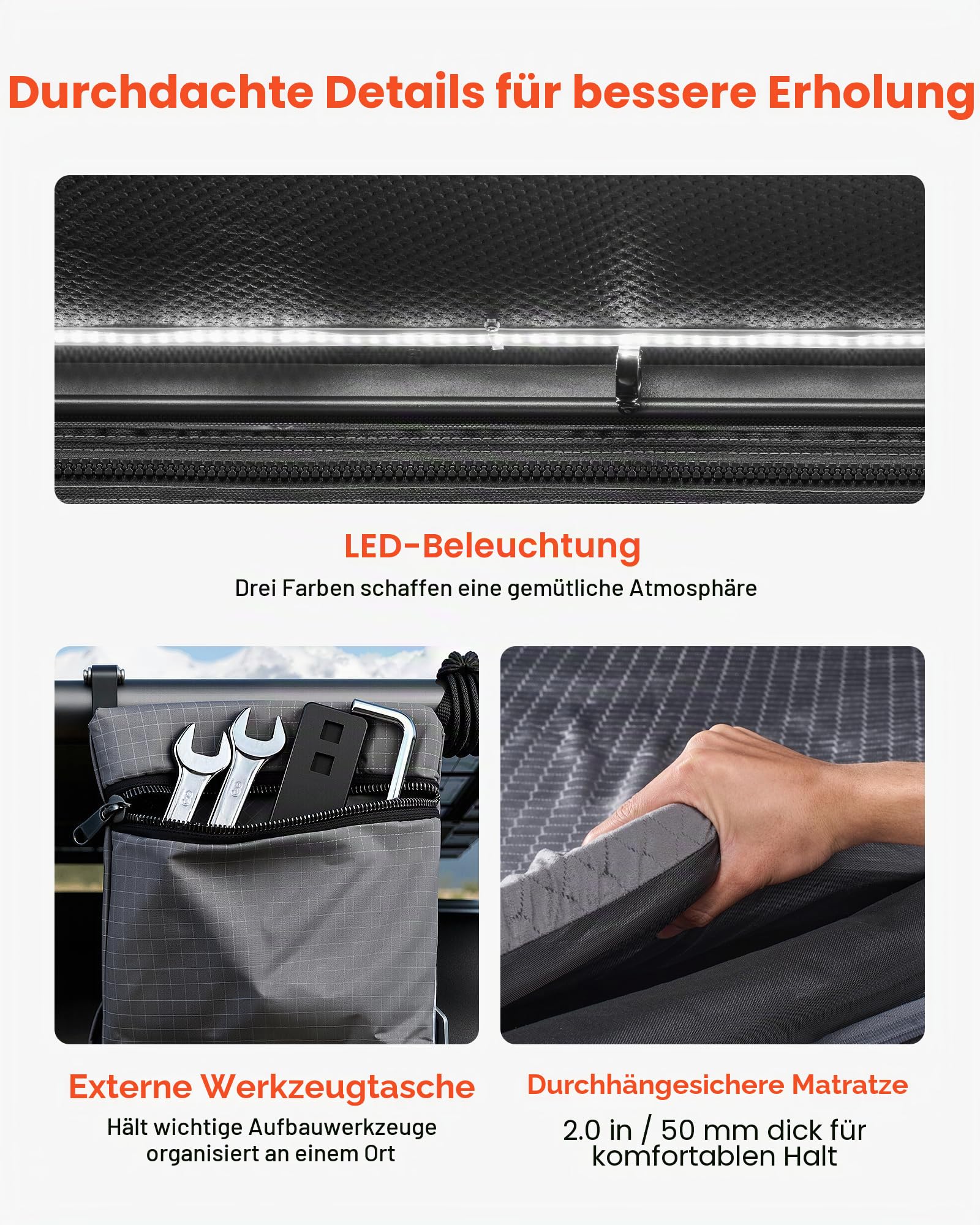 VEVOR Autodachzelt Hartschalen für 2-3 Personen, Campingzelt aus Aluminium mit Dreifarbiger LED-Beleuchtung & 1 Fenster, Wasserfest & Windicht, für Jeep SUV Pickup, 256 x 222 x 152 cm (Aufgeklappt)