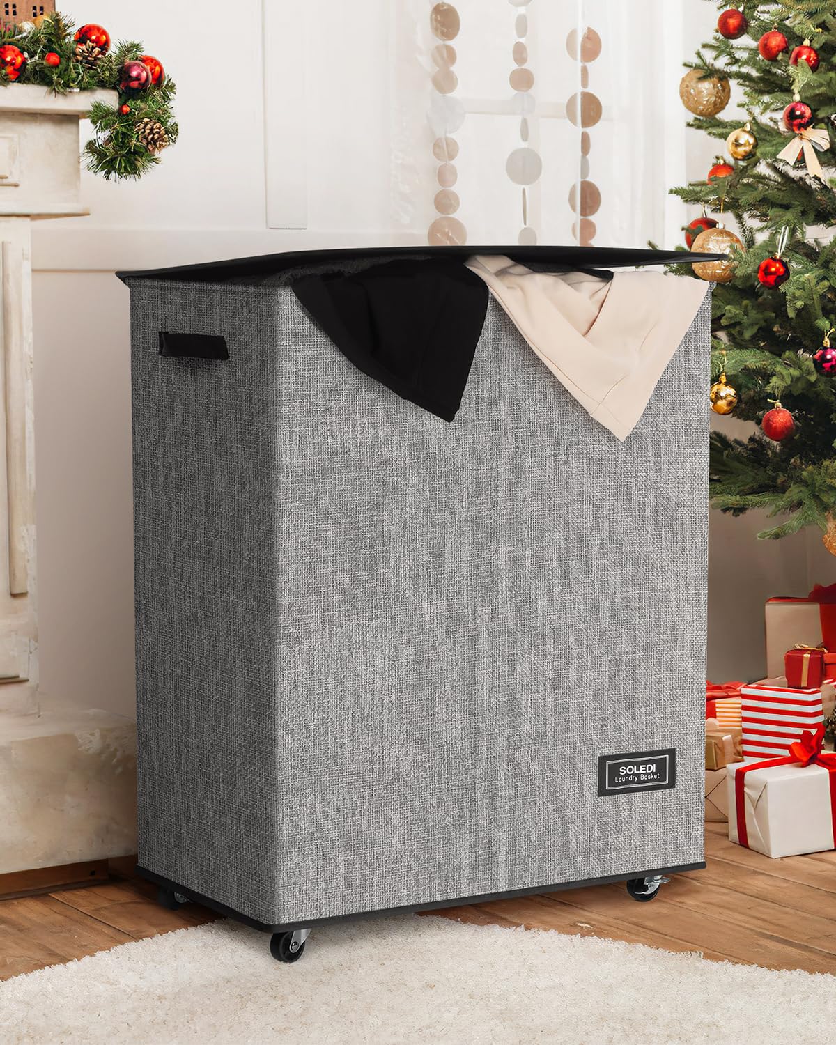 SOLEDI Double Laundry Hamper with Wheels - 145L Laundry Basket Organizer - Hamper 2 Section for Sorting Laundry, Rolling Laundry Basket - with Smooth Wheels and Removable Bag for Easier Transportation