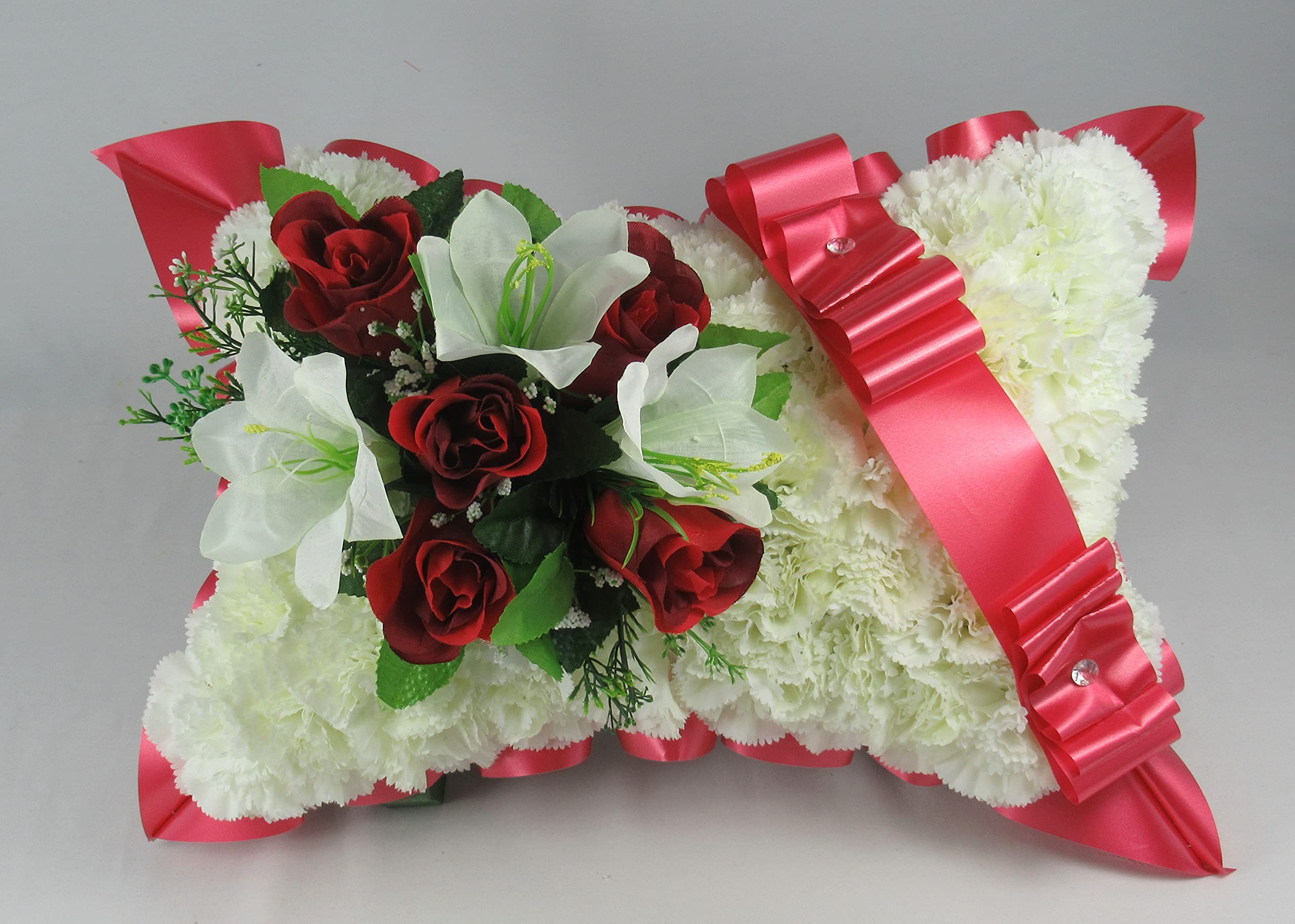 Customisable Artificial Flowers Wreath for Funeral or Grave - 17" Pillow Shaped Tribute with Roses and White Lilies