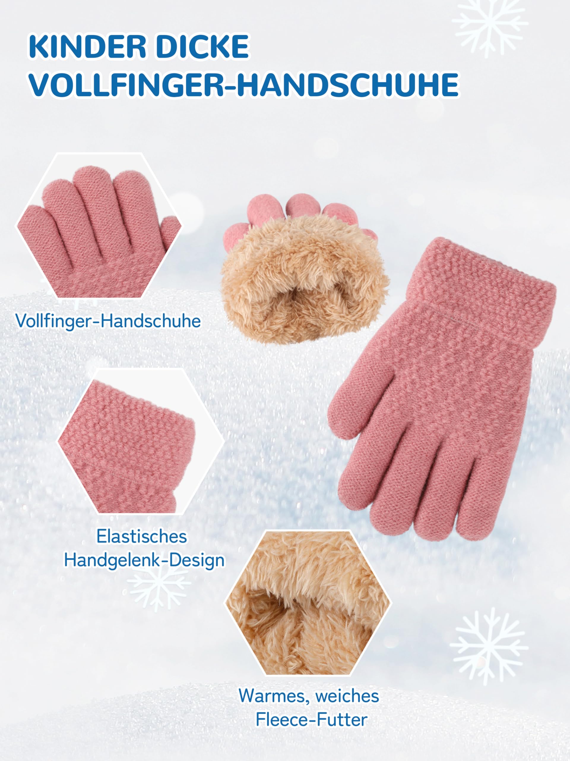 VZV 3 Wintermütze Kinder Schal Handschuhe Set, Mädchen Strickmütze Winterschal Thermo Fleecefutter Handschuhe für Jungen Mädchen 2-10 Jahre