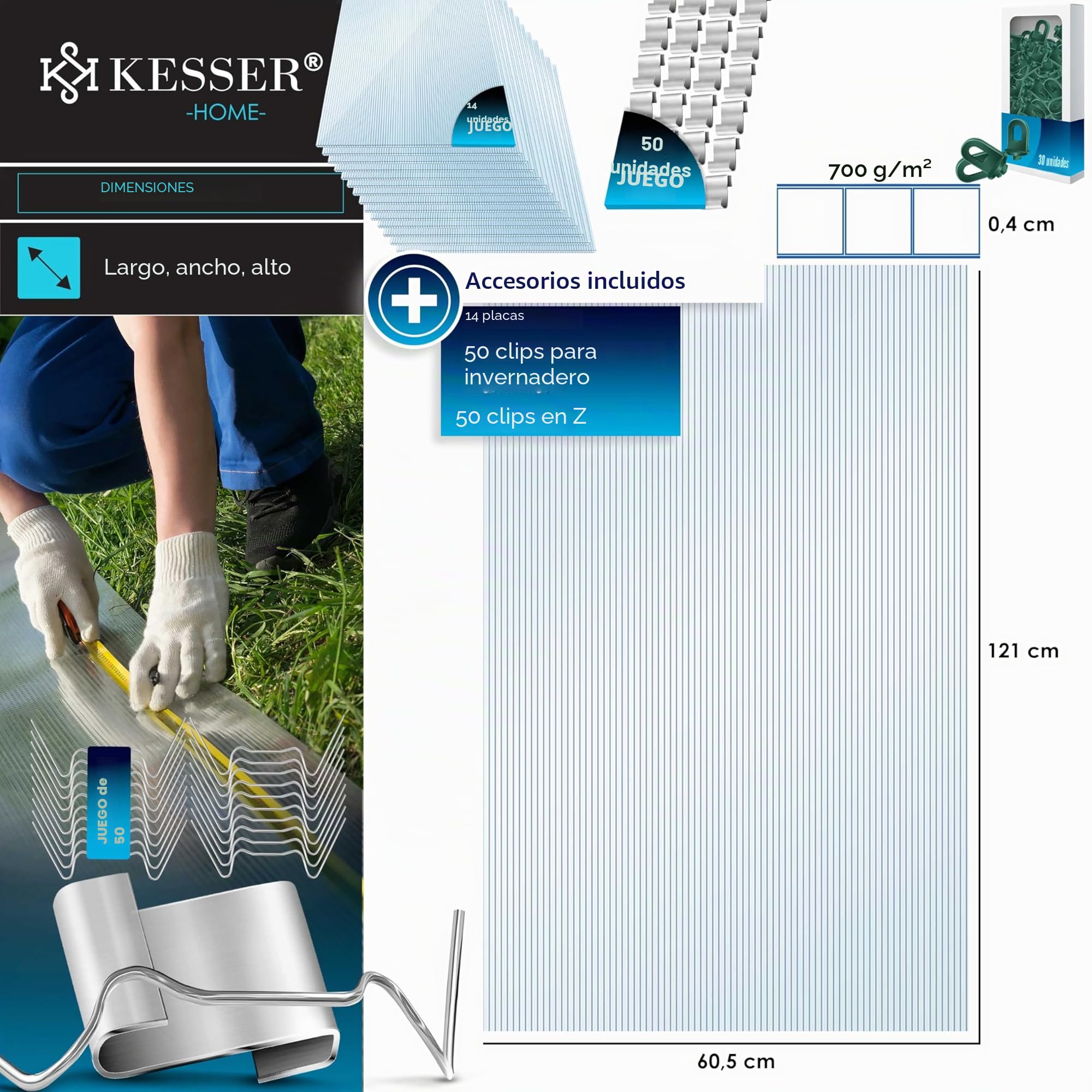 KESSER® 14x Placas de Policarbonato Alveolar de 4mm 10,25m² Placa de Doble Pared 121x60,5cm | 50x Abrazaderas + 50x Clips en Z-Placa de Policarbonato para Invernadero UV-Resistente Transparente
