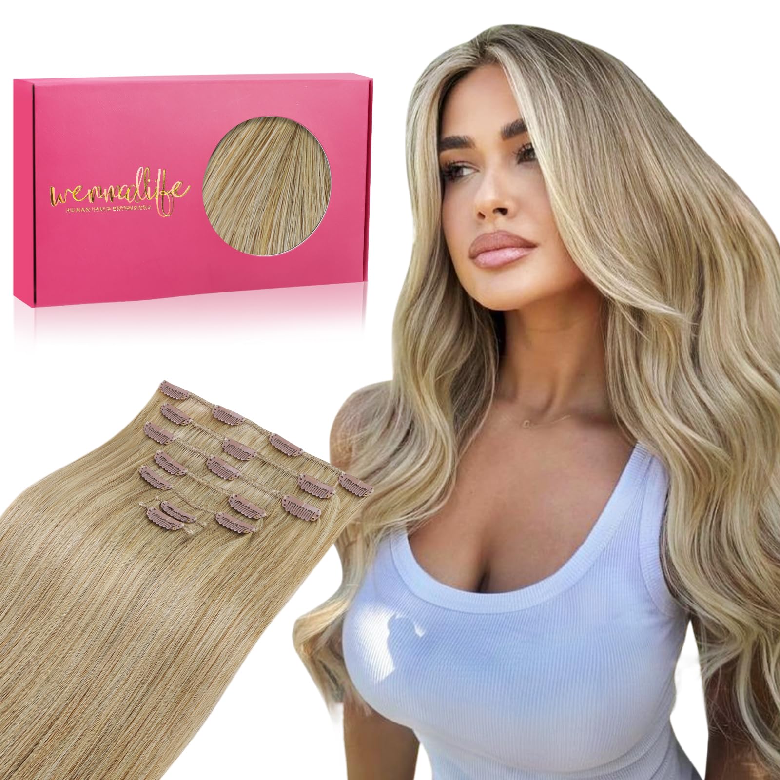 WENNALIFE Clip in Hair Extensions Real Human Hair, 16 Inch 120g 7pcs Clip in Hair Extensions Real Human Hair, Mixed Multi-tone Ash Brown Human Hair