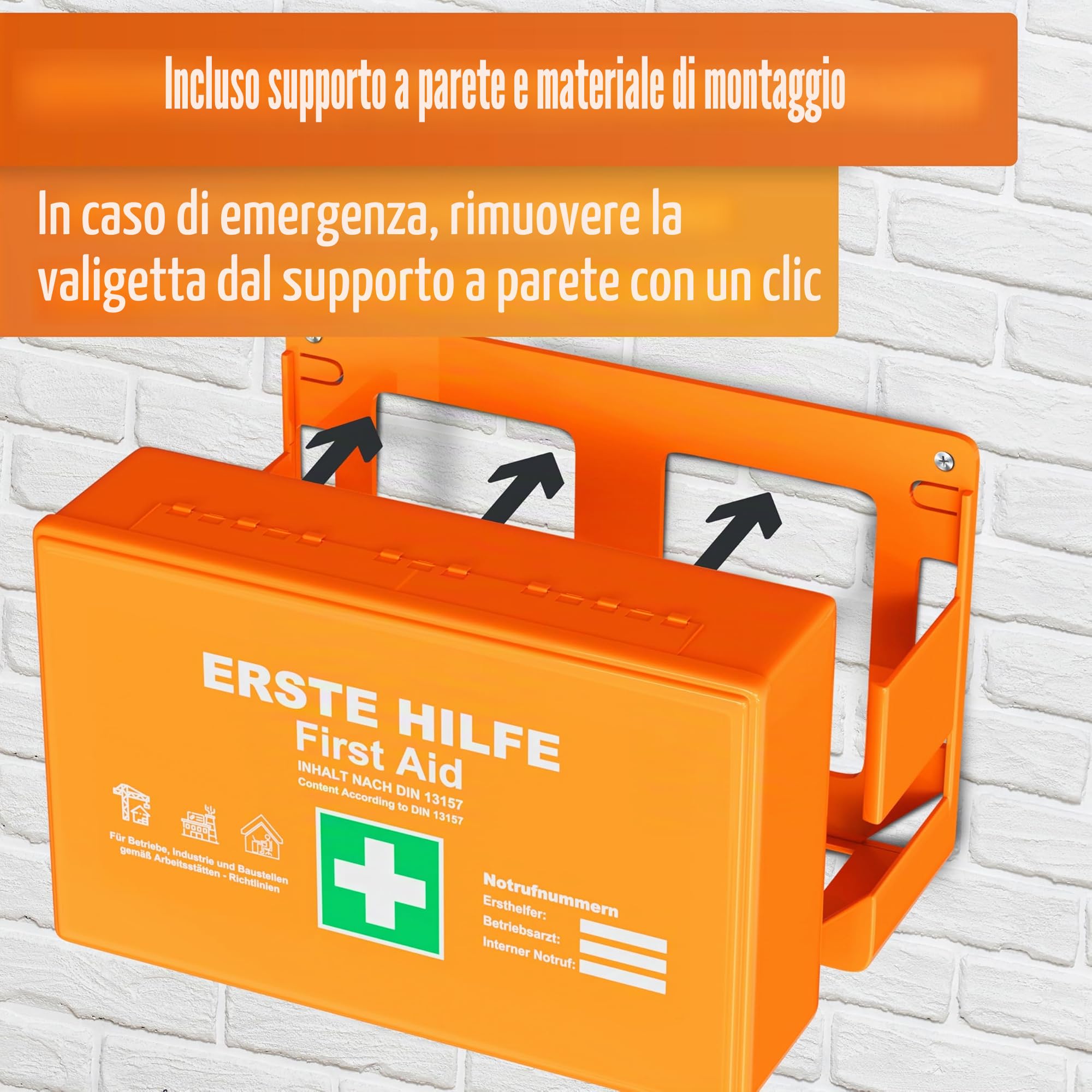 HELDENWERK Cassetta di pronto soccorso secondo la norma DIN 13157:2021 con supporto da parete e adesivi; valigetta universale di primo soccorso per funzionamento, casa o gastronomia, cassetta di