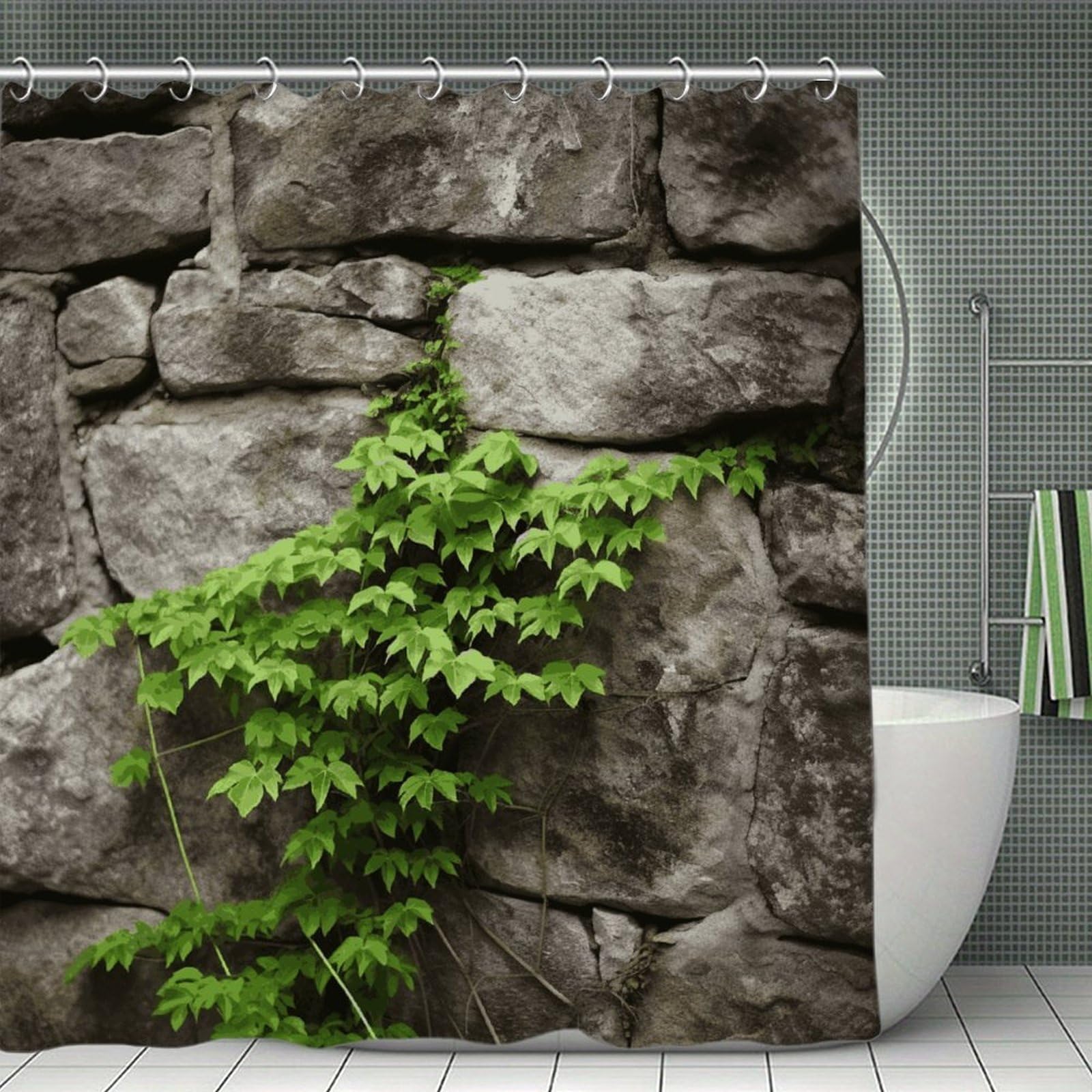 FekiLoot Plant on Stone Wall Shower Curtain Minimalist Thick Bathroom Curtain Washable Modern Bathroom Shower Curtain Heavy Duty Waterproof Cloth Bath Curtain with Hooks 70.8"x70.8"
