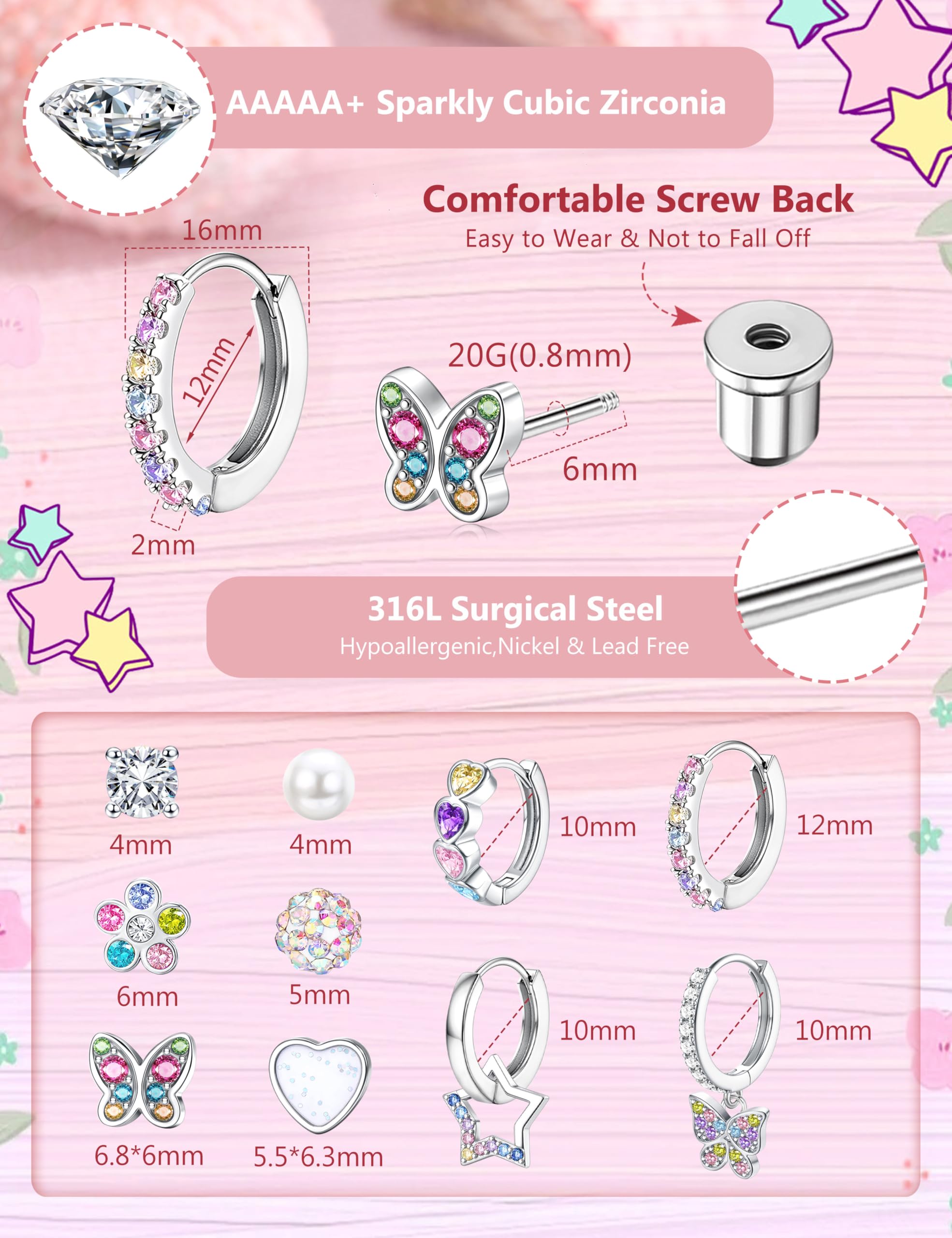 LOLIAS 10 Paires Boucles d'oreilles pour Fille Femmes Acier Inoxydable Creoles Argent Coeur Perle Fleur Papillon Boucle d'oreille Enfant Fille Hypoallergéniques Bijoux Cadeau Anniversaire Filles