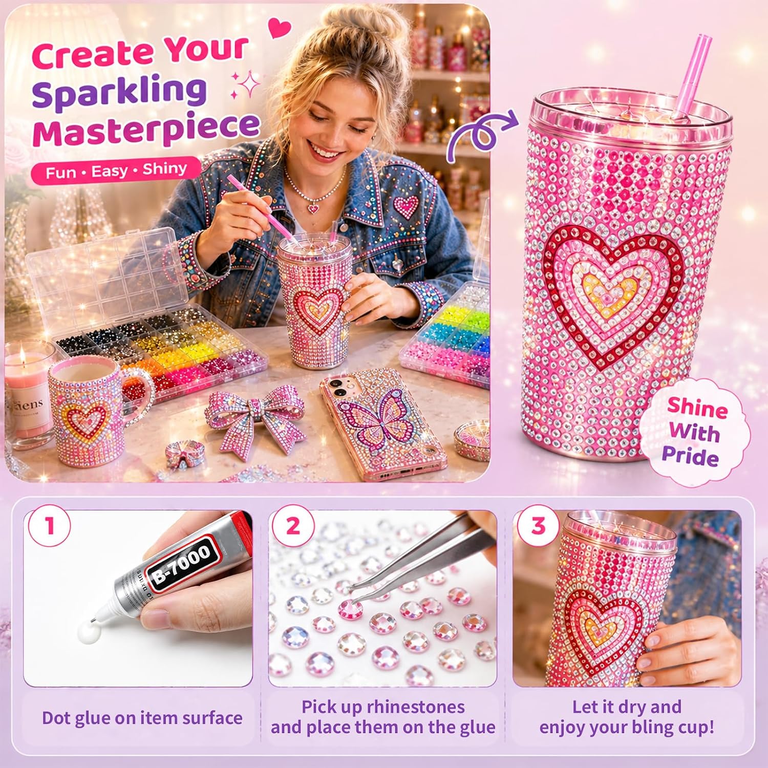 Bedazzling Kit with Rhinestones,50000Pcs Resin Jelly Flatback Gems,Bedazzler Kit with 4×B7000 Jewelry Glue & Complete Tools Set,DIY Craft Supplies for Nail Art Clothing Shoes Books Phone Case（60Color）