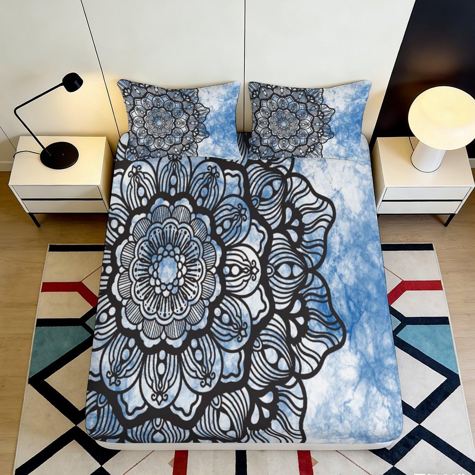 3D Printed Blue Mandala Fitted Sheet Microfiber Bedroom Decor Tie Dye Bed Cover for Home Guest Room Easy Care 90x200x25cm