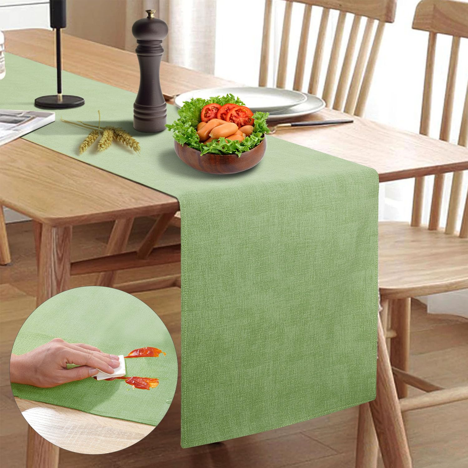 Rinpon Waterproof Wipeable Table Runner, Thick Farmhouse Table Runner, Dresser Runner, Rustic Table Decorations for Kitchen Dining Room, Bedroom, Living Room, Indoor and Outdoor (72'', Green)