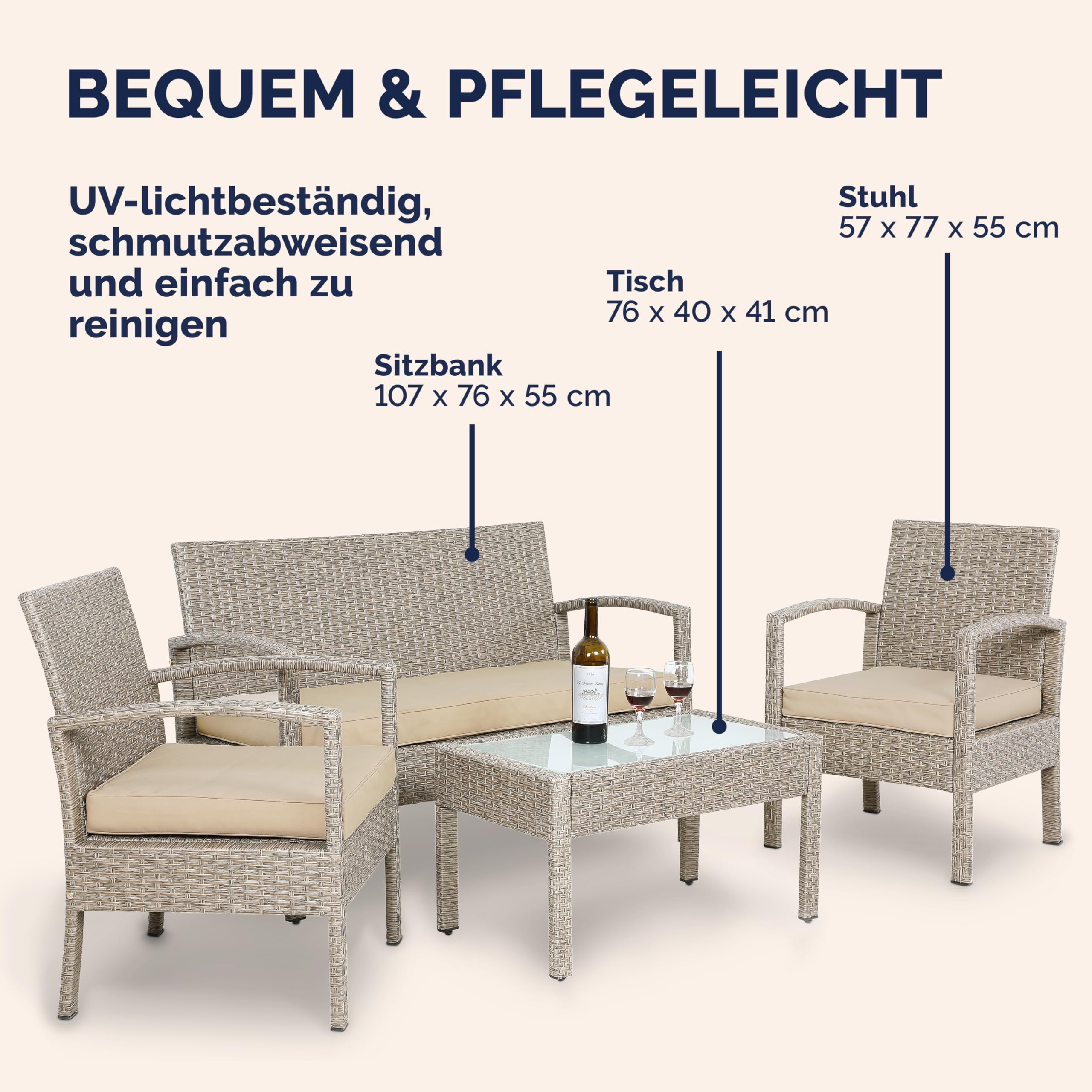 Casaria Lounge Tavolo da Giardino Polyrattan Set 4 Persone con Cuscini