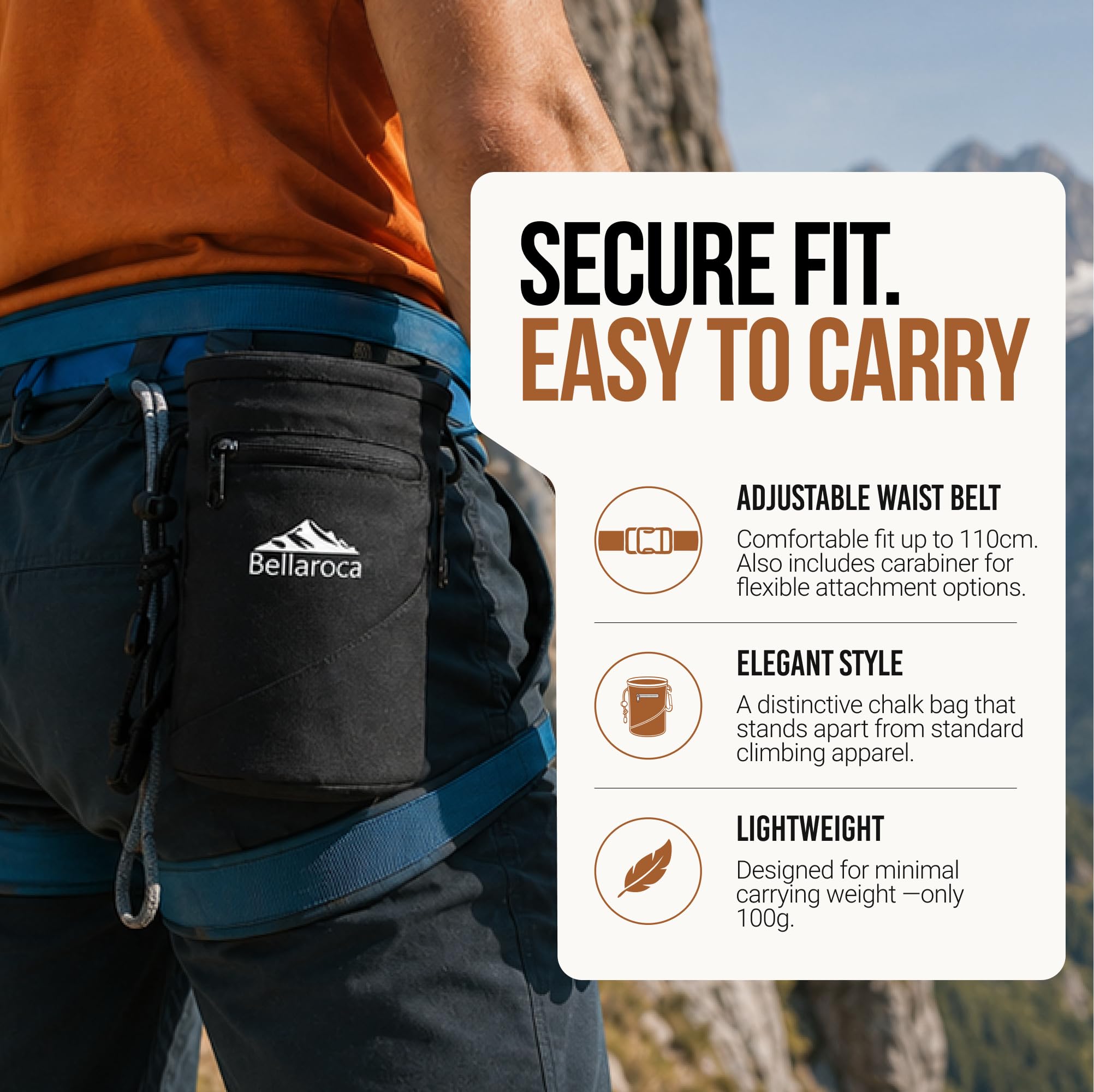BELLAROCA® | Borsa per Magnesite da Arrampicata | Sacca Magnesite Impermeabile e Resistente all'Abrasione con 2 Tasche Grandi e Moschettone – Chalk Bag per Boulder, Palestra e Outdoor