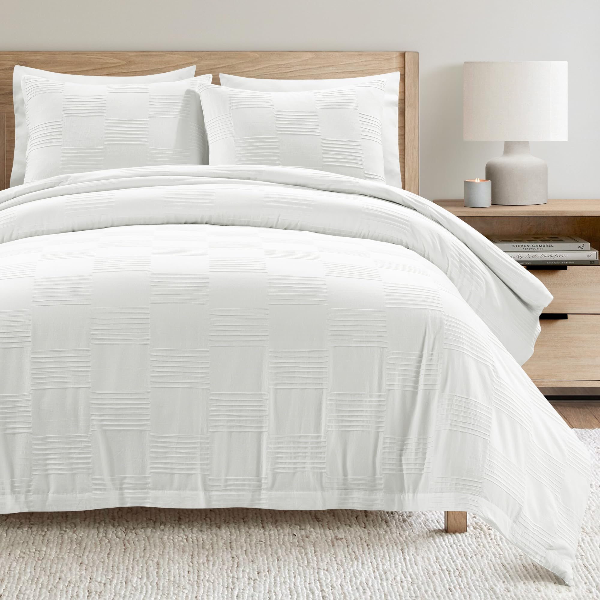 Lush Decor Sorano Chambray Textured Jacquard Cotton Duvet Cover 3 Piece Set King White - Geometric Bedding Set - Striped Duvet Cover - Modern Bedroom Decor-image-41