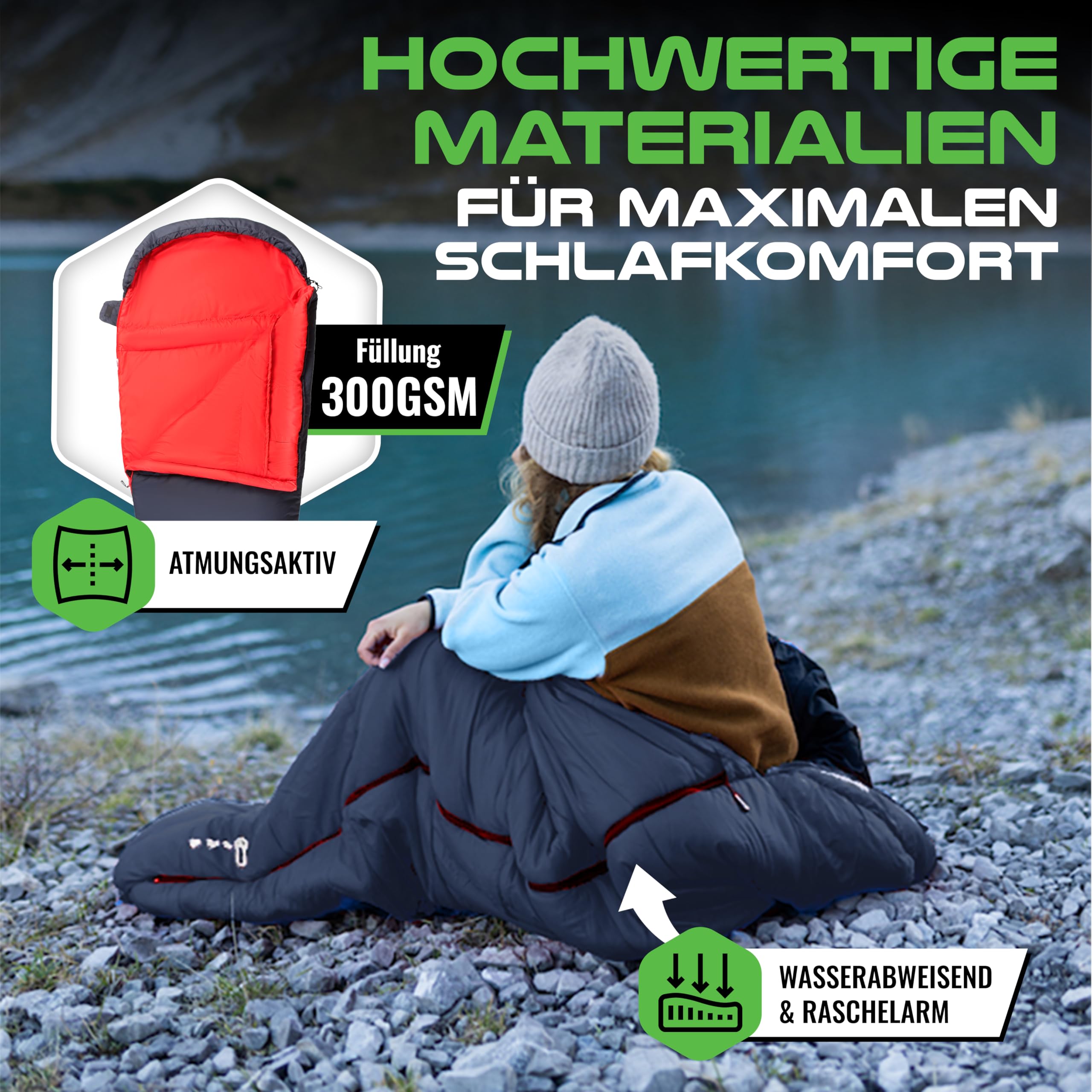 MOUNTREX® Saco de dormir – Tamaño pequeño y ultraligero (760 g/1500 g) – Saco de dormir de verano para exteriores (100 g/m²) / 3-4 estaciones (300 g/m²) – Saco de dormir momia – camping, viaje,