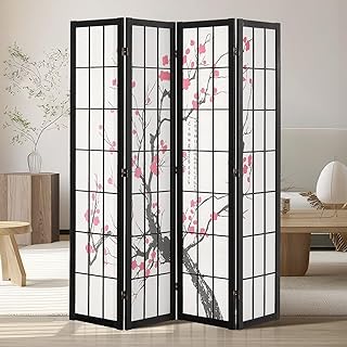 VEVOR Cloison de Séparation Japonaise à 4 Panneaux, Séparateur de Pièce Pliable en Bois, Paravent de Confidentialité, pour Séparation de Pièce, Maison, Bureau et Chambre à Coucher, Fleurs de Cerisier