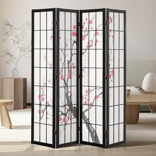 Room Divider, 4 Panel Japanese Room Divider Screen, Wood Folding Privacy Screen Indoor, Japanese Partition Portable Decoration Dividers, for Room Separation Home Office Restaurant & Bedroom - 4 Panels