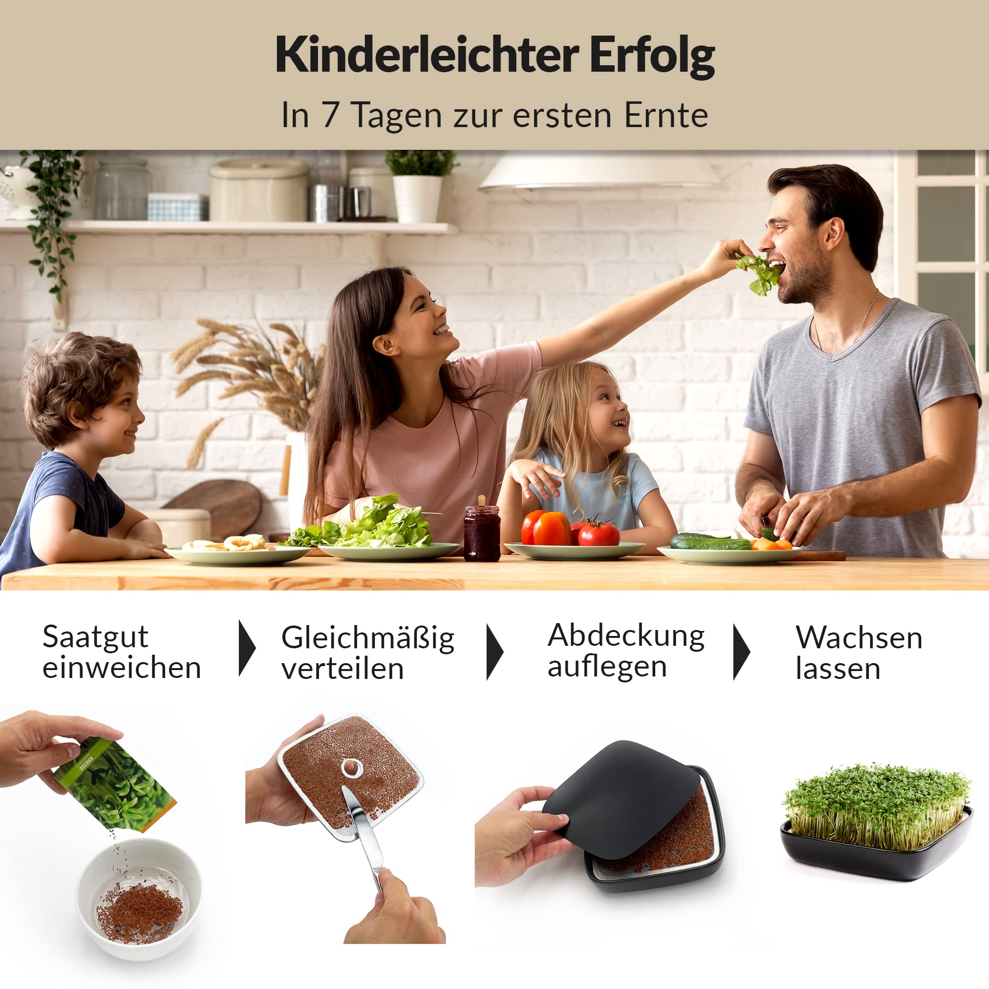 Otaro Kresse Anzuchtschalen inkl. Kressesamen aus Deutschland | Direkt Loslegen | Sprossen Anzuchtset | Edles Kressesieb | Keimschalen für Sprossen | (Schwarz - Premium Keramikset)
