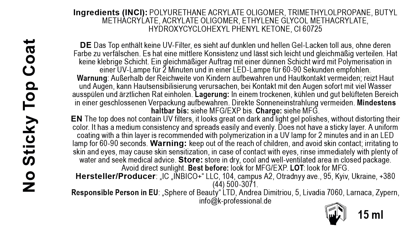 K Professional Gel UV Top Coat Vernis à ongles Longue durée Finition brillante 15 ml