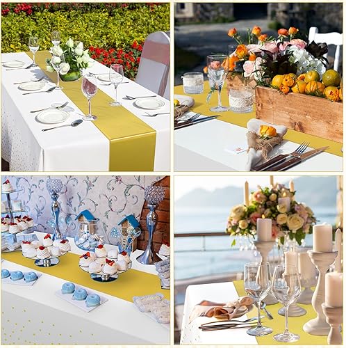 Miniatura 34 de Paquete de 12 manteles y caminos de mesa azules y dorados para decoración de fiesta, mantel desechable de plástico azul real y dorado y camino