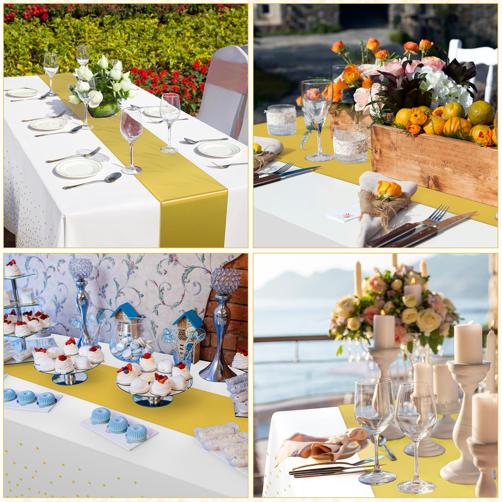 Paquete de 24 manteles y caminos de mesa blancos y dorados, decoraciones de fiesta, mantel desechable de plástico blanco y amarillo y camino de mesa de satén para boda, cumpleaños, graduación,