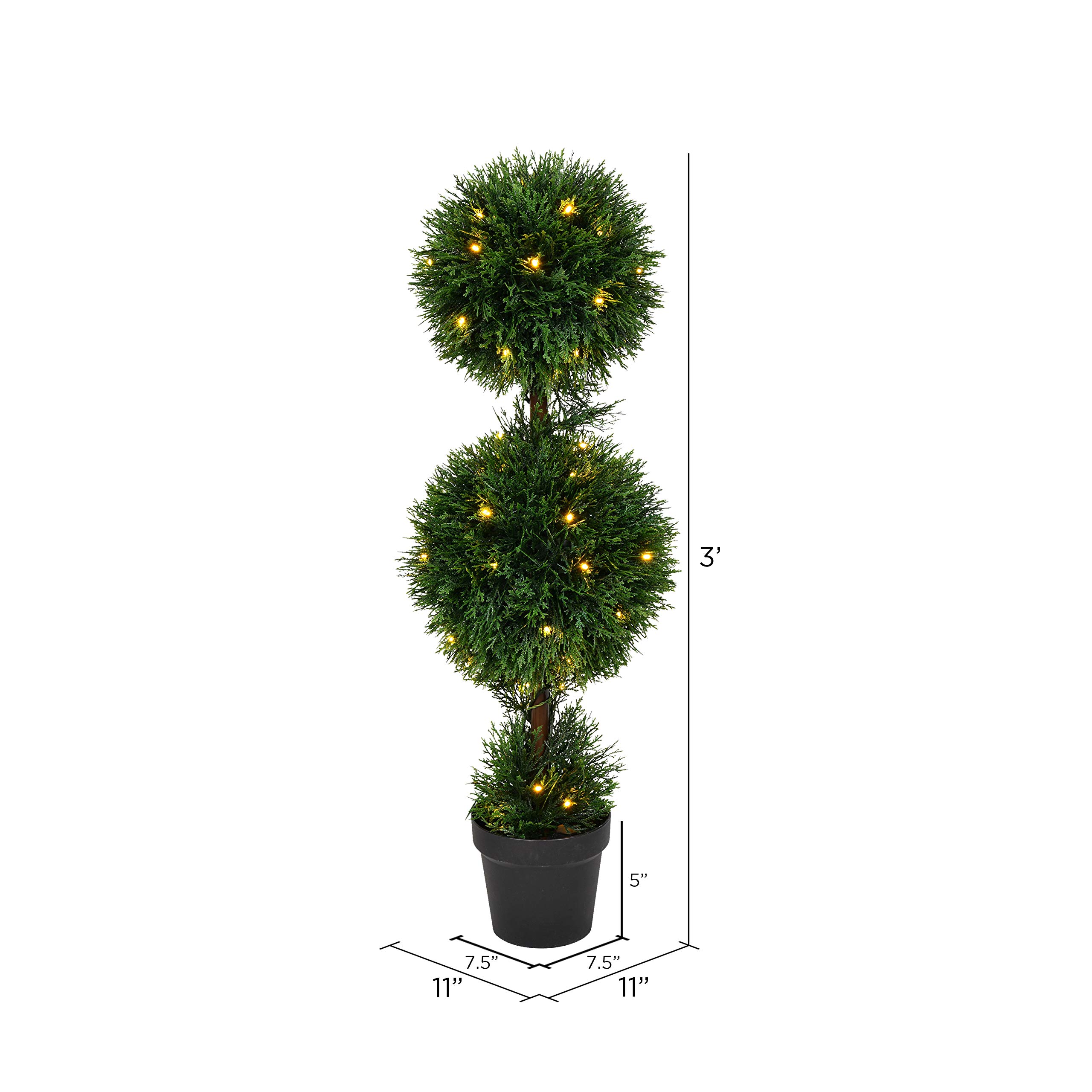 Vickerman Everyday 3 Foot Tall Artificial Pre-Lit Cedar Topiary Double Ball Tree - UV Resistant Indoor Outdoor - Potted Natural Green - Home Patio Porch Faux Decor