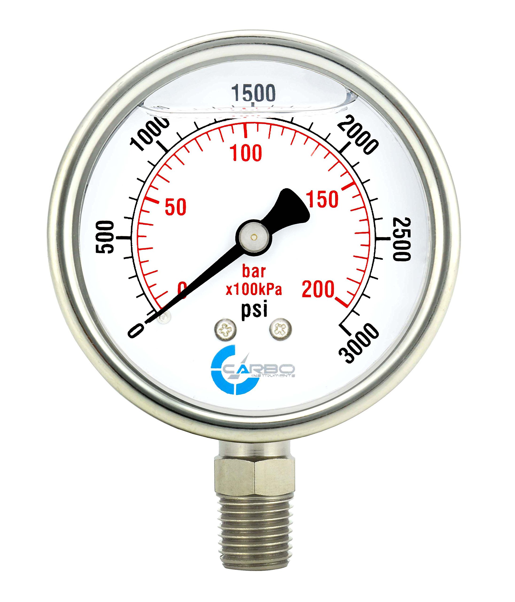 CARBO Instruments Stainless Steel Pressure Gauge Dual Display (0-3000 psi/kPa) - 2 1-2" Glycerine Liquid Filled Water Air Oil Gas Gauge with Polycarbonate Lens & Brass Connection -1/4" NPT Lower Mount