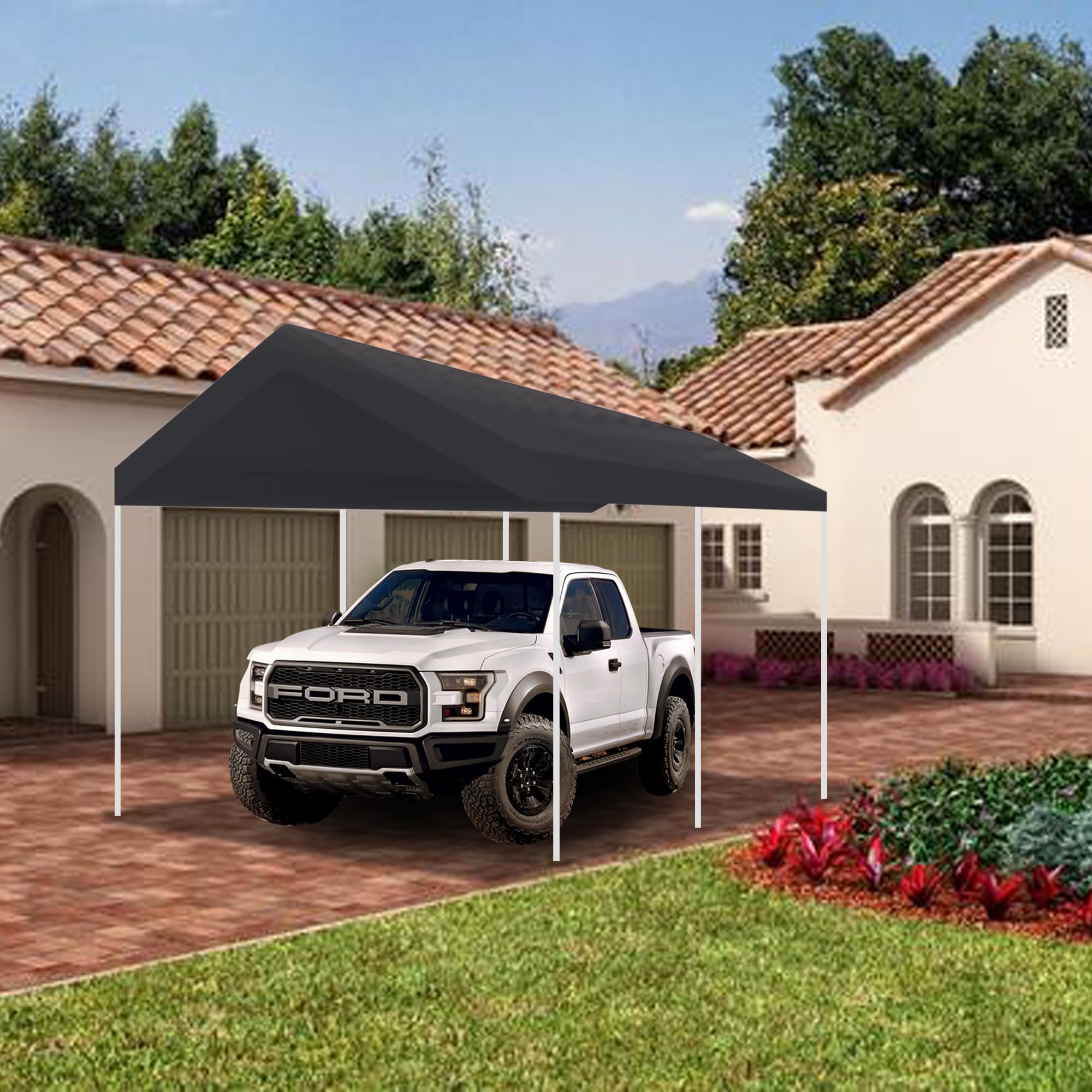 10 x 20 Feet Carport Replacement Canopy Cover for Car Tent Top Garage Shelter Cover Gray with Ball Bungees (Only Cover, Frame Not Included)