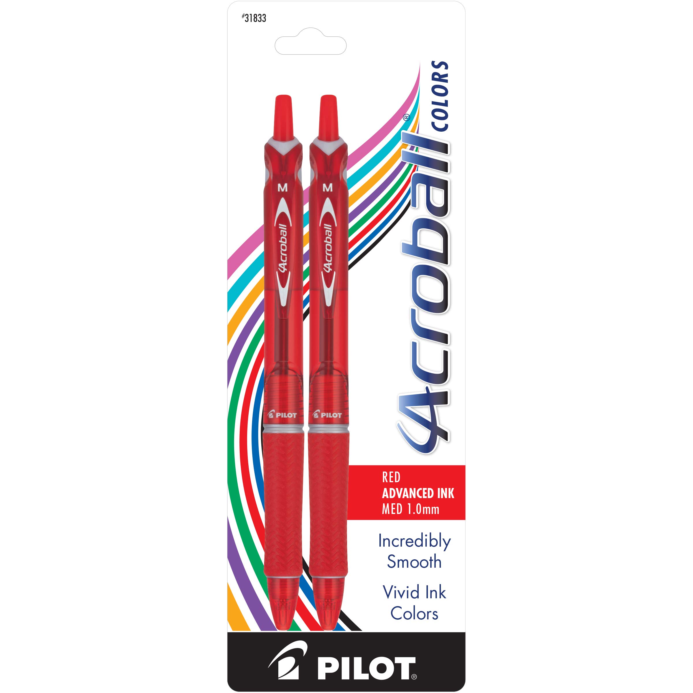 PILOT Acroball Colors Advanced Ink Refillable & Retractable Ball Point Pens, Medium Point, Red Ink, 2-Pack