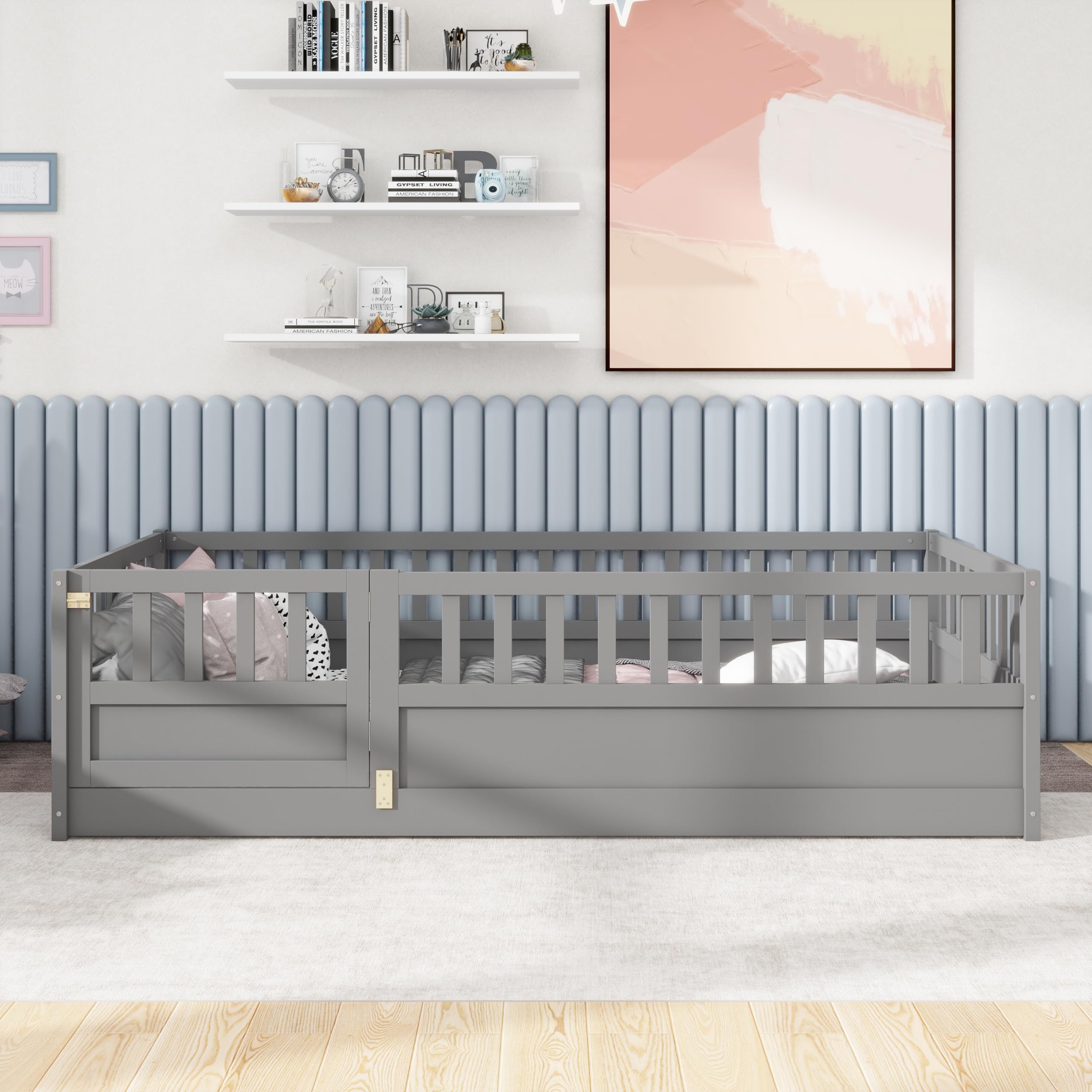 Twin Size Floor Bed with Door, Kids Bed Twin Size, Montessori Bedframe No Box Spring Needed, Bedroom Furniture for Boys, Girls, Easy Assembly (Grey, Twin)