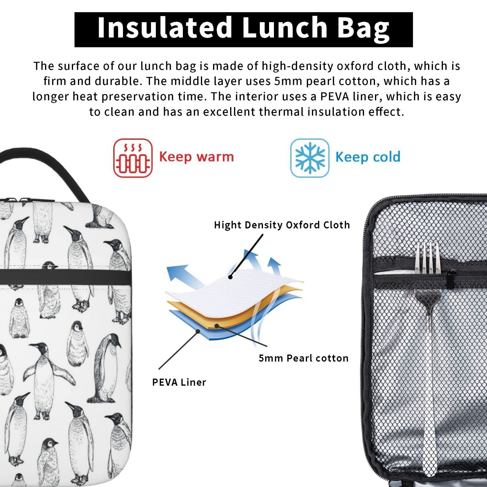 JBYJBX Borsa termica per il pranzo con stampa pinguino carino a prova di perdite, riutilizzabile borsa per il pranzo per adulti