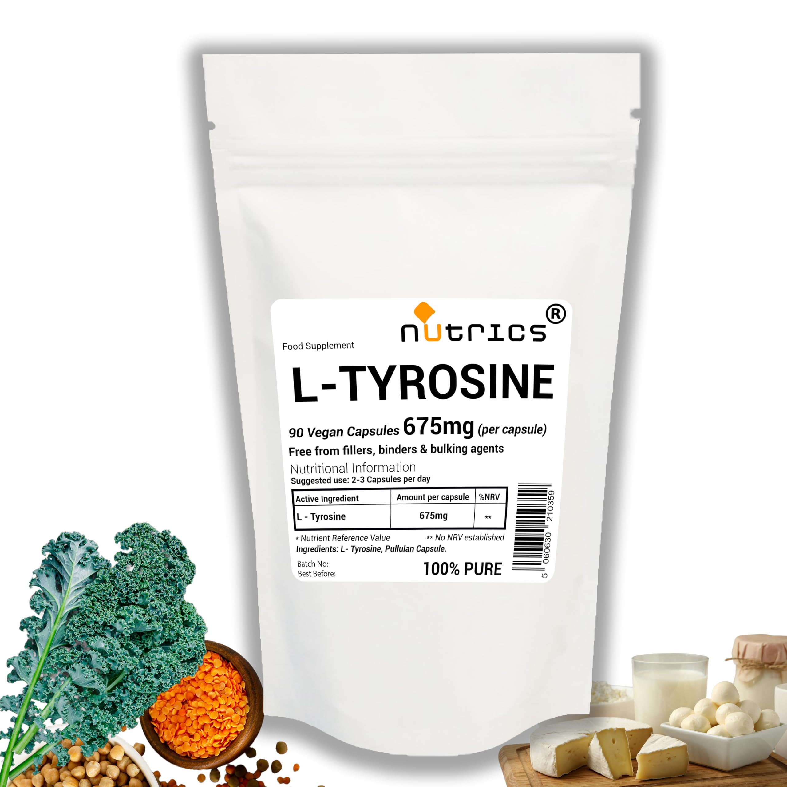 Nutrics® L TYROSINE 675mg 90 Vegan Capsules (1 Month Supply) Suitable for Vegan Vegetarian