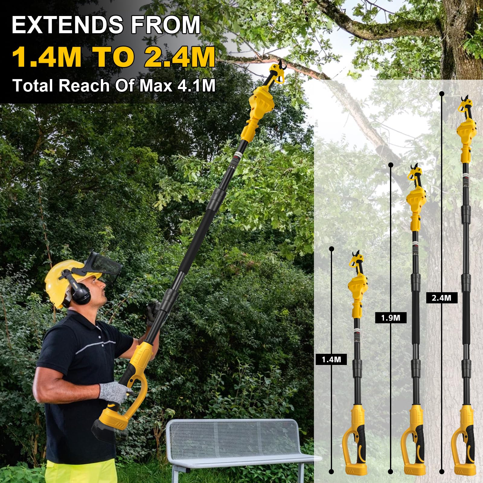 Panthem Cesoie telescopica a batteria 2 in 1, cesoie da giardino elettriche compatibili con Dewalt 18V 20V, portata massima fino a 4,1 m, apertura di taglio 43 mm, motore brushless (senza batteria e