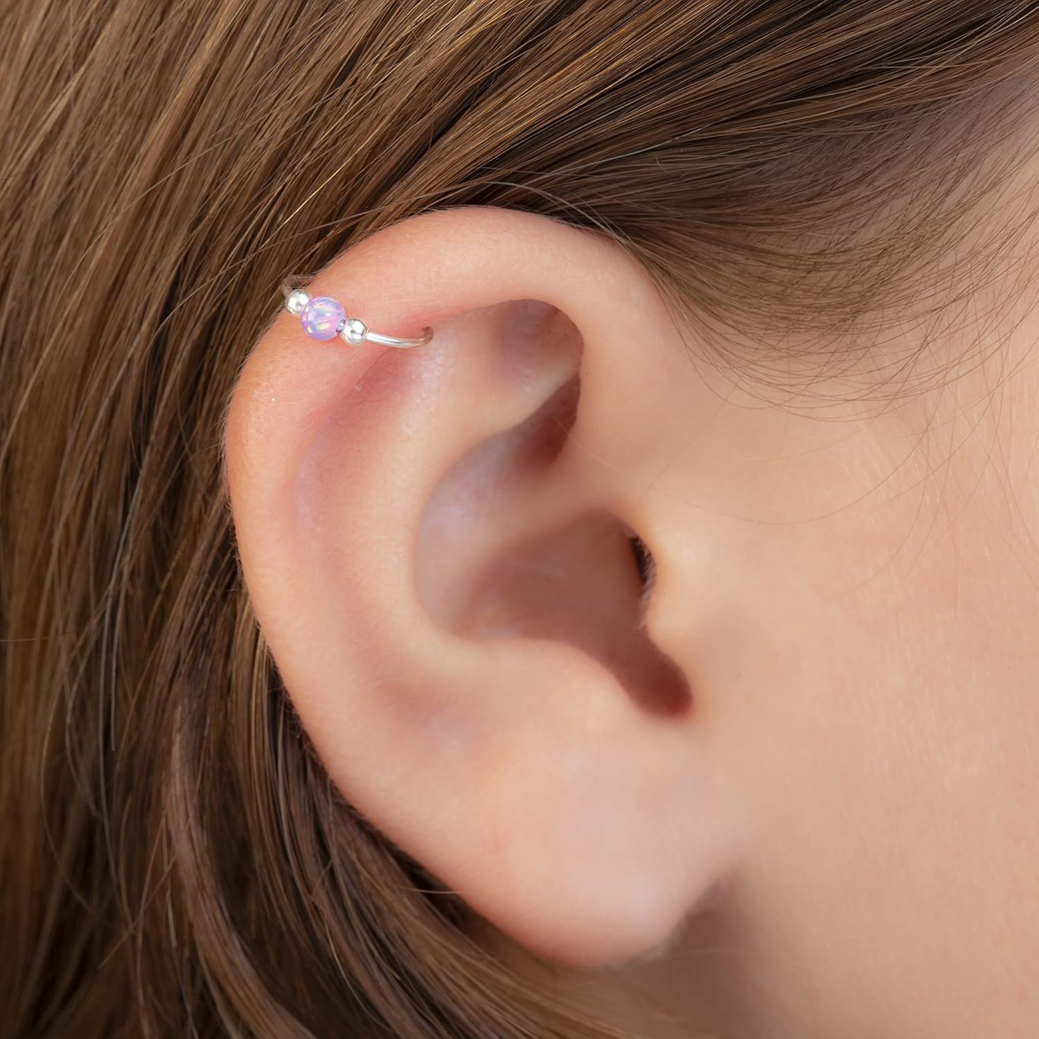 Lugasis FINE JEWELRY Tiny Silver Helix Hoop - Handmade 8mm Hoop with a Cute 3mm Pink Opal - Thin 20 Guage Sterling Silver Cartilage Earring Piercing - Image 3