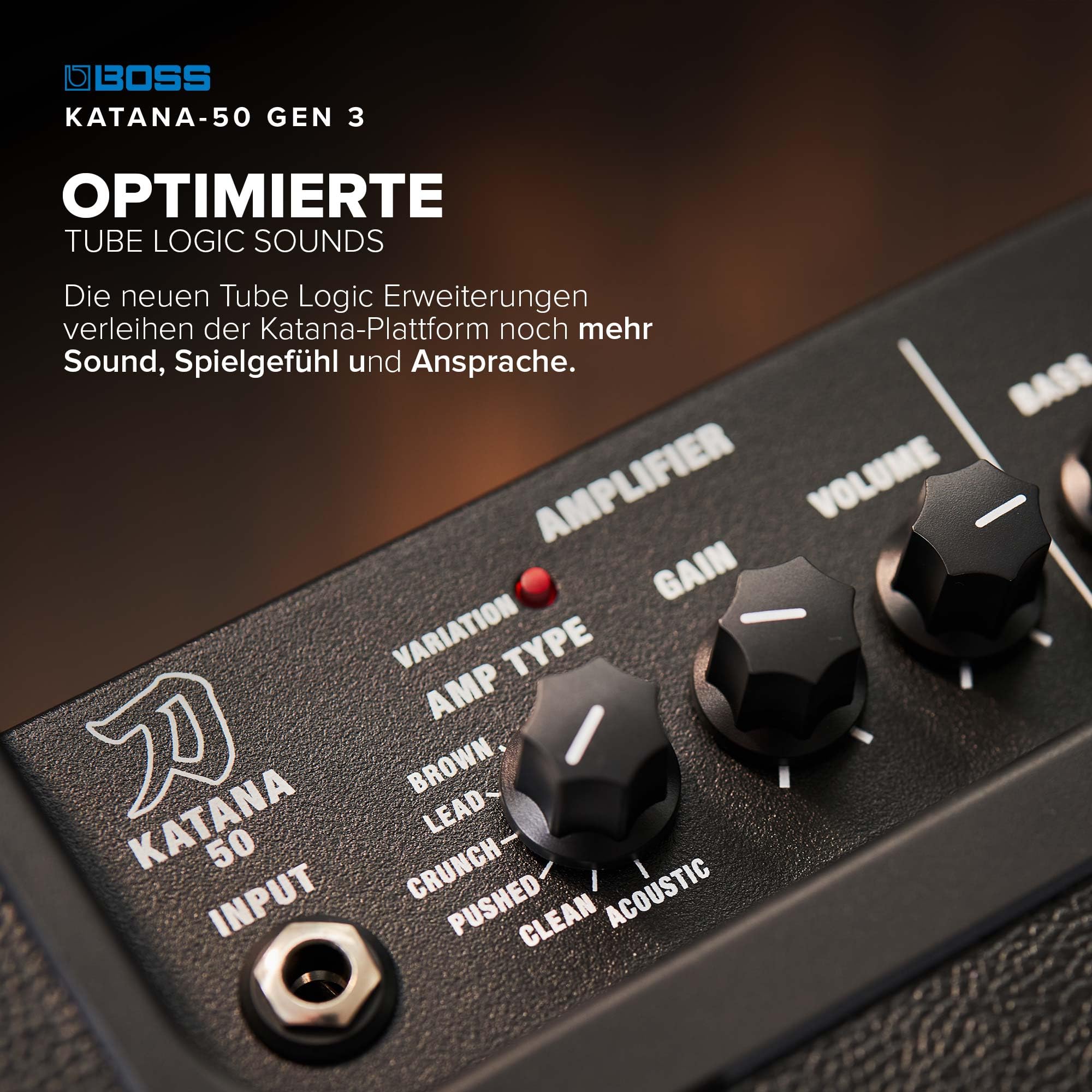 BOSS Katana-50 Gen 3 Gitarrenverstärker, Kompakter 50 Watt Combo-Verstärker, 12‘‘-Custom-Lautsprecher, Weiterentwickelter Tube-Logic-Sound, 12 Verstärkercharakter, Integrierte Effekte