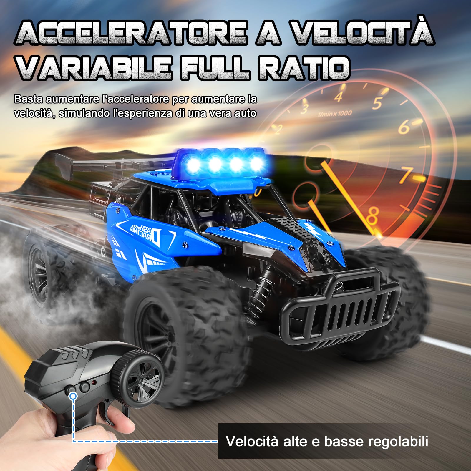 Joellfuner Macchina Telecomandata per Bambini, 2.4Ghz 1:16 Macchina Radiocomandata con Luce LED Quattro Colori, 20KM/H Monster Truck Telecomandato con marce alte e basse per bambini 3+ anni (Blu)