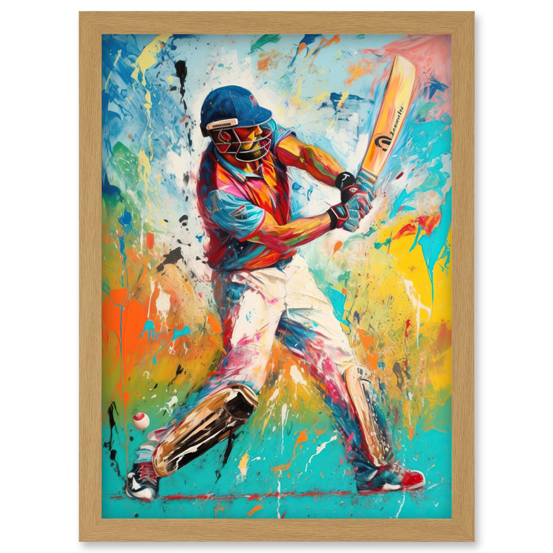 Artery8 Cricket Shot Vibrant Cricketer Batsman Portrait Artwork Framed Wall Art Print A4