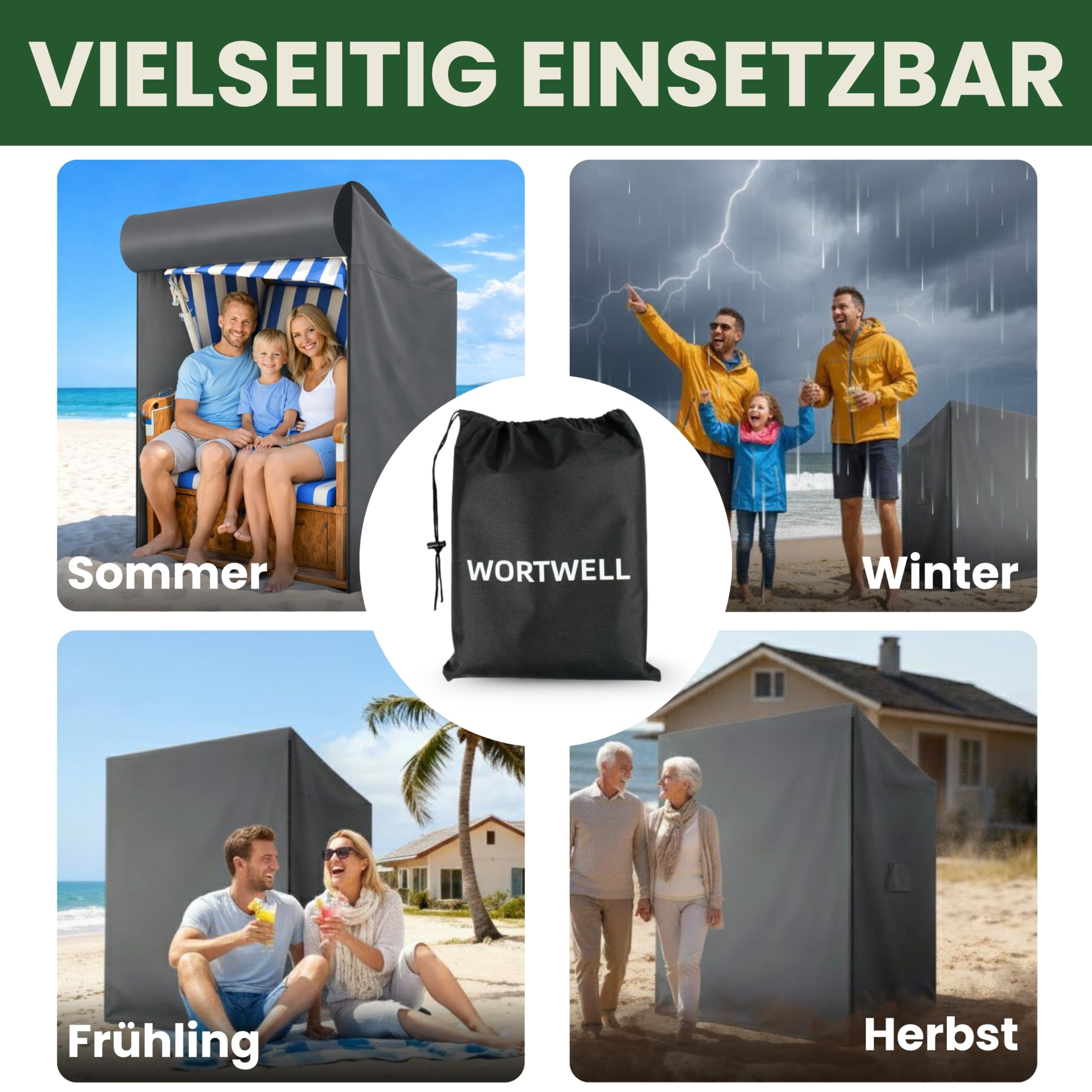 Strandkorb Schutzhülle winterfest Grau 2-Sitzer 600D Oxford Abdeckung Strandkorbhülle Abdeckhaube Abdeckplane wasserdicht 135x105x175/140 cm reißfest wetterfest TPU Beschichtung und Reißverschluss
