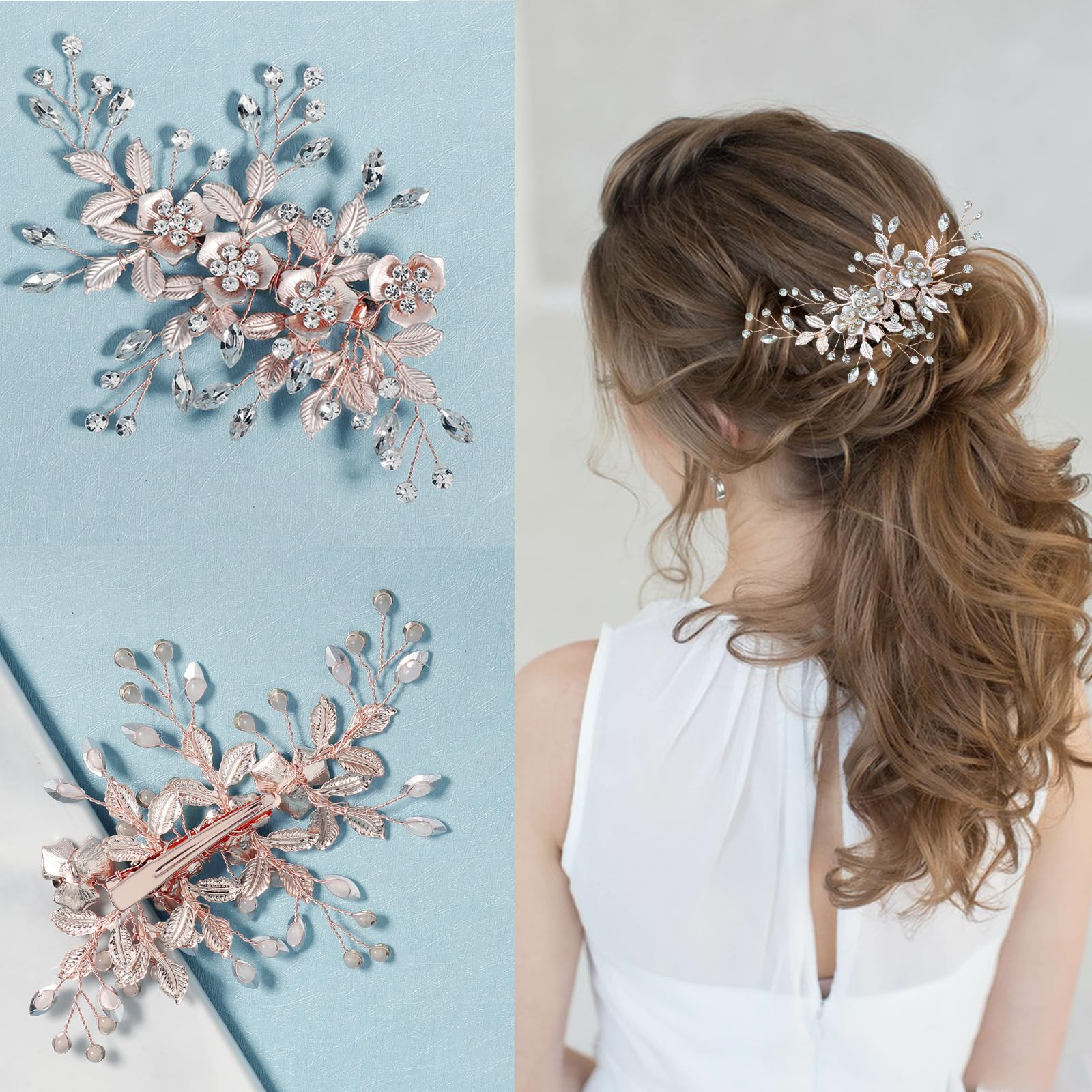 Bridal Hair Accessories Wedding Hair Duckbill Clip for Brides, Handmade Rhinestone Hair Vine Wedding Head Pieces for Women and Bridesmaids Flower Girls, Light Rose Gold