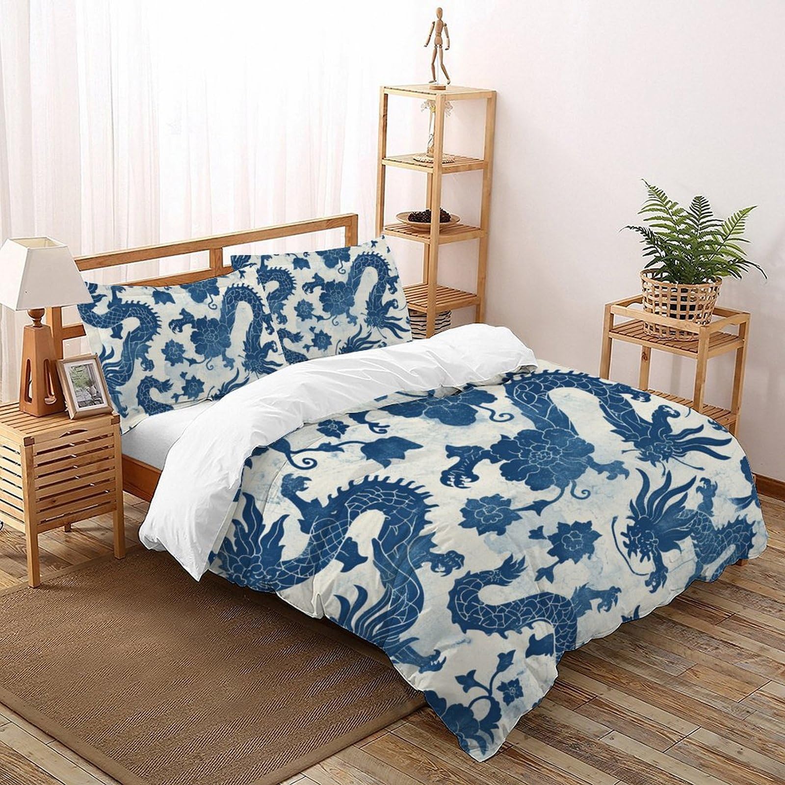 Housse de couette dragon bleu et blanc double 200x200cm avec 2 taies d'oreiller pour lit d'enfant