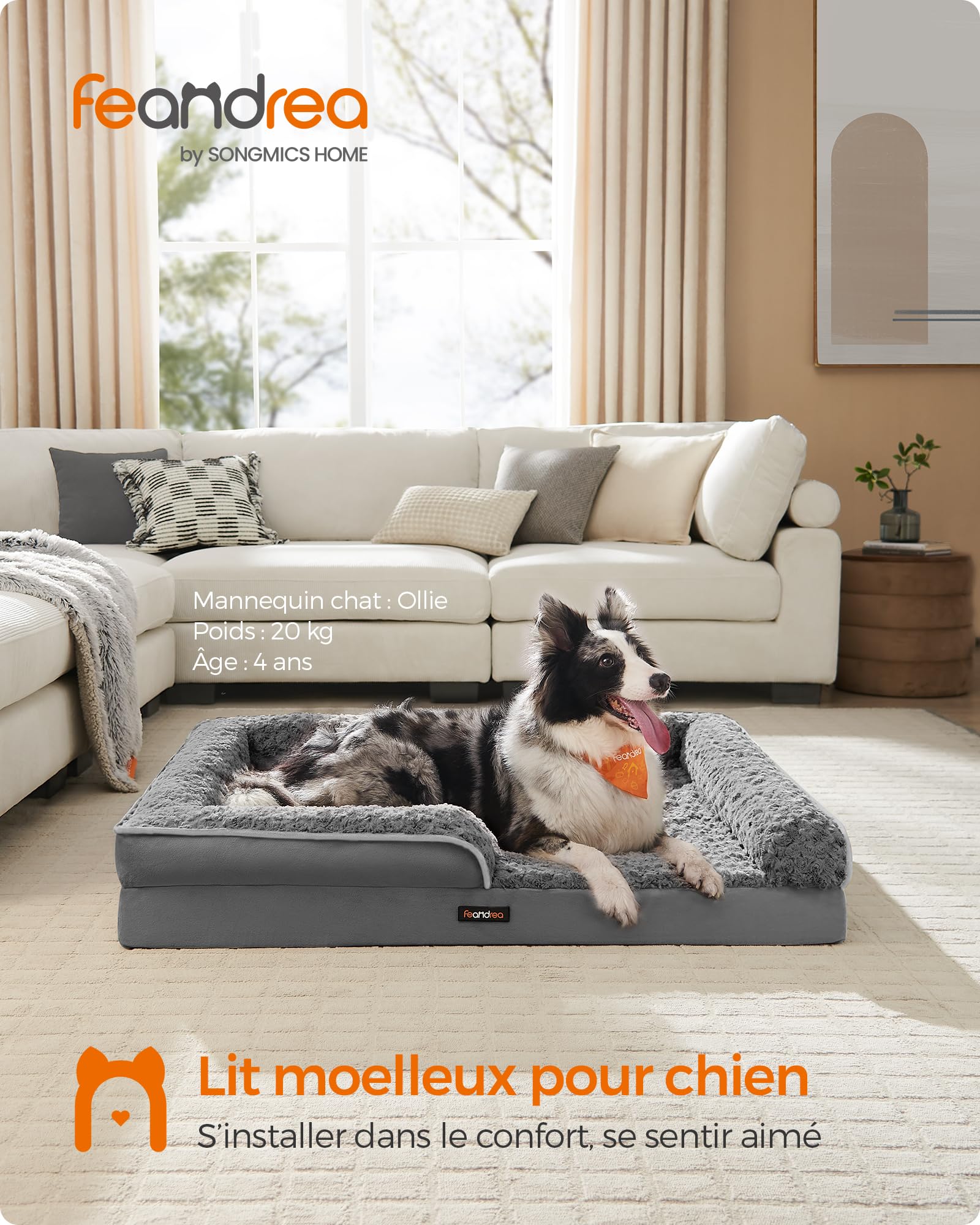 Feandrea Panier pour Chien, Lit pour Animal, Orthopédique, Mousse Alvéolée, Bords Surélevés Rembourrés, Housse Amovible en Tissu Peluche aux Motifs Roses, 106 x 76 x 16 cm, Gris Ardoise PGW253G02
