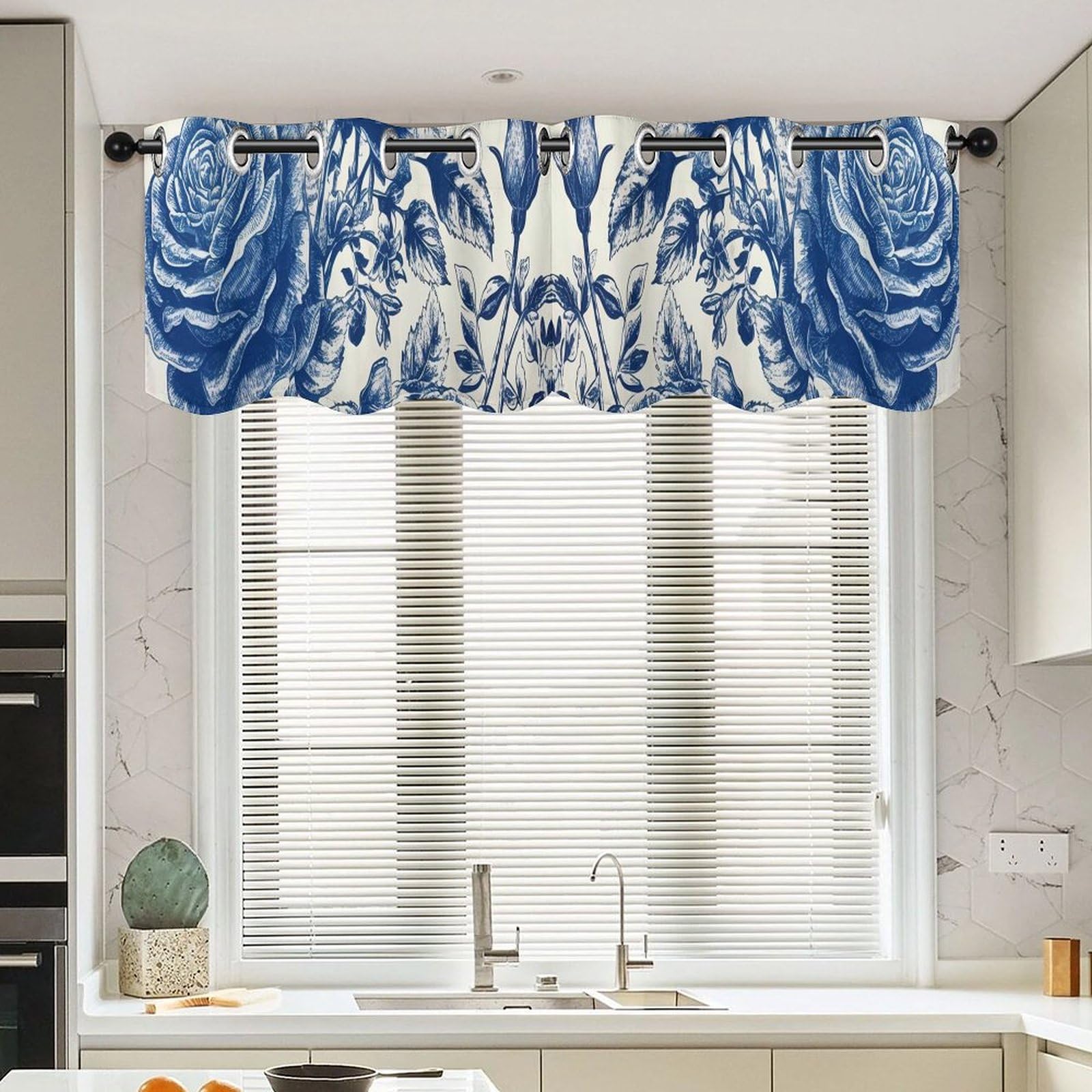 Rideaux de fenêtre pour cuisine et salon bohème, lot de 2 panneaux floraux bleu 132x45,7 cm