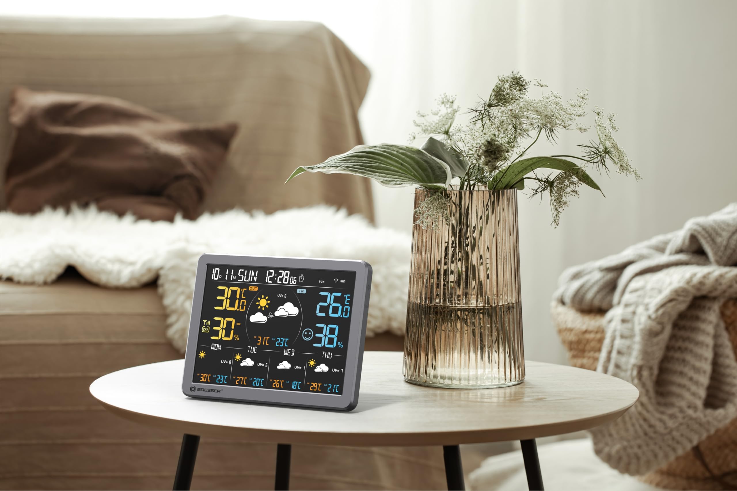 Bresser Stazione meteo Wi-Fi con app per Tuya Smart Home, previsione di 5 giorni, termoigrosensore, cronologia, indicatore di comfort, sveglia, allarme