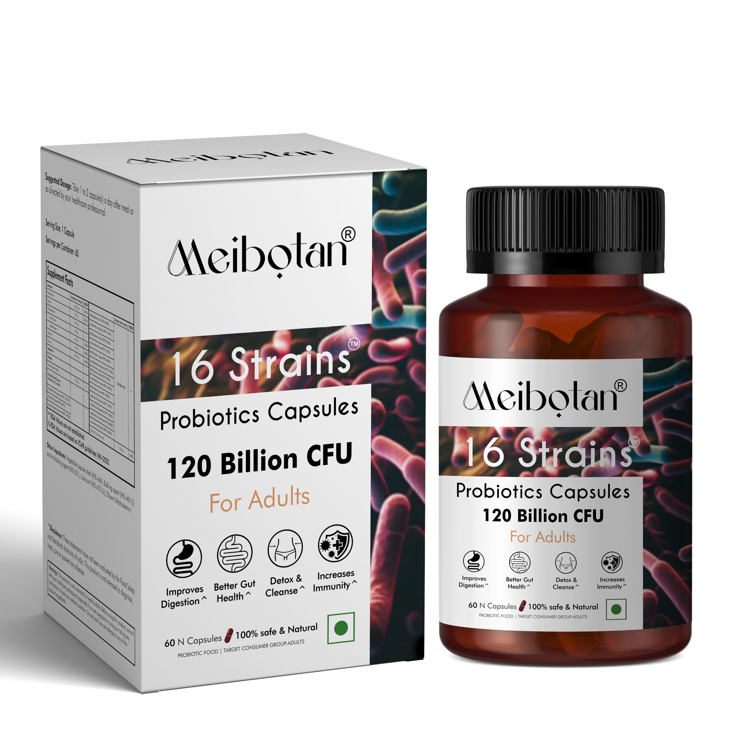 Meibotan Probiotic Supplement 120 Billion CFU For Men & Women with 16 Strains - Stimulates the immune system Digestion Immunity Support- 60 Veg Capsules