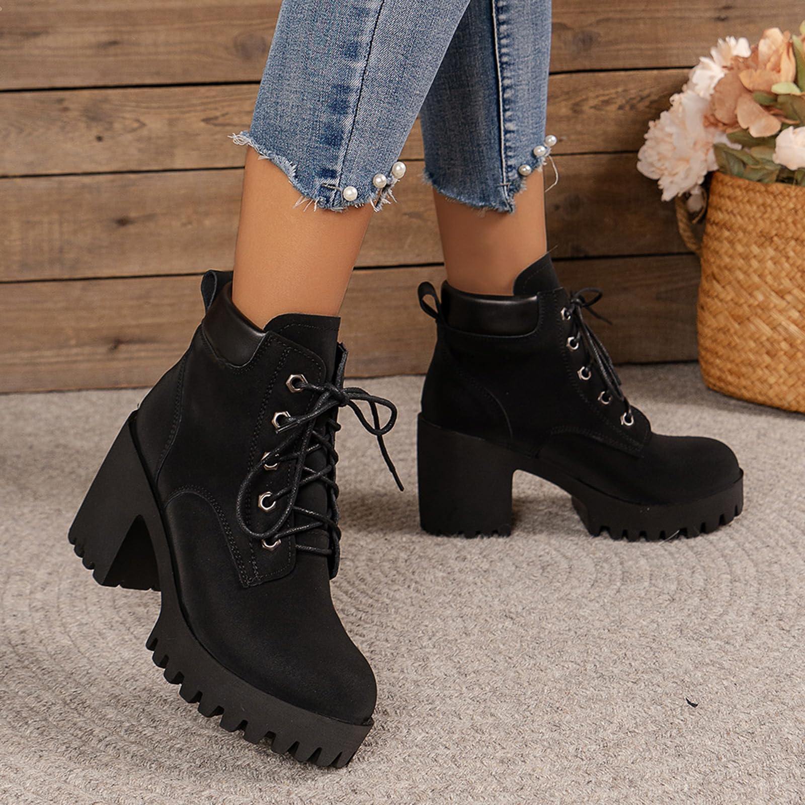 Botas de tacón grueso con cordones para mujer, plataforma de moda de tacón alto, botas informales, punta redonda, invierno, aspecto de piel, botas cortas