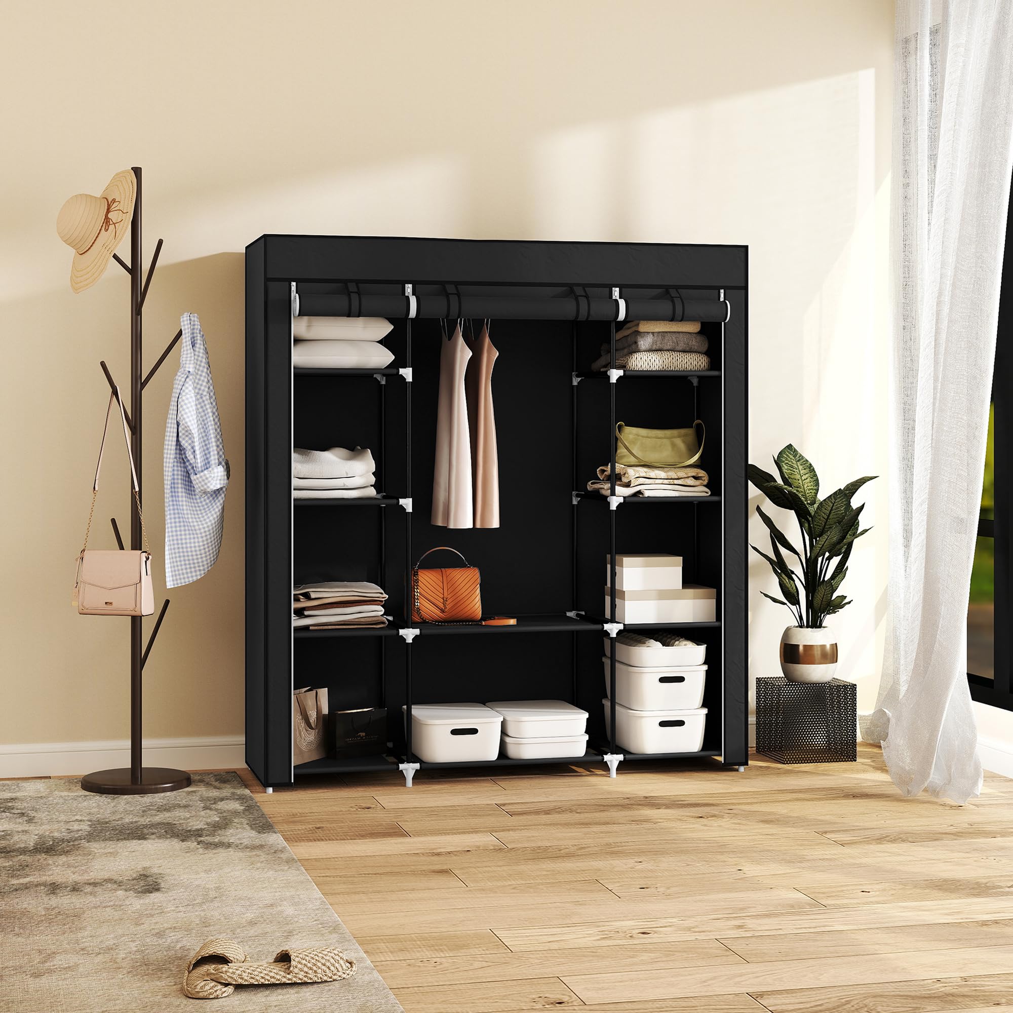 HOMCOM Armoire Penderie en Tissu 150 x 43 x 162,5 cm Noir | Meuble de Rangement, Tringle à Vêtements, Étagères Ouvertes, Penderie Vêtement Dressing, pour Chambre à Coucher