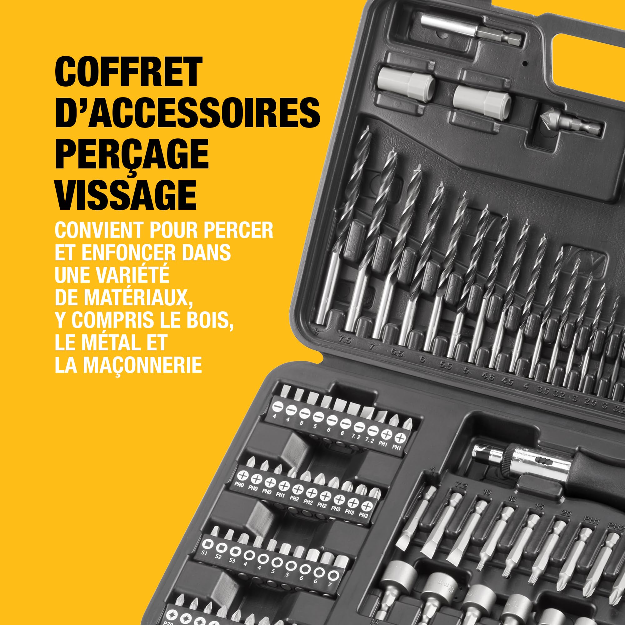 DEWALT Coffret de 109 Accessoires Percage Vissage.13 Forets HSS, 13 Mèches à bois, 5 Mèches Béton,50 Embouts de vissage 25mm, 13 Embouts 50mm, 10 Douilles, 2 Extracteurs de vis,1 Fraise, DT0109-QZ